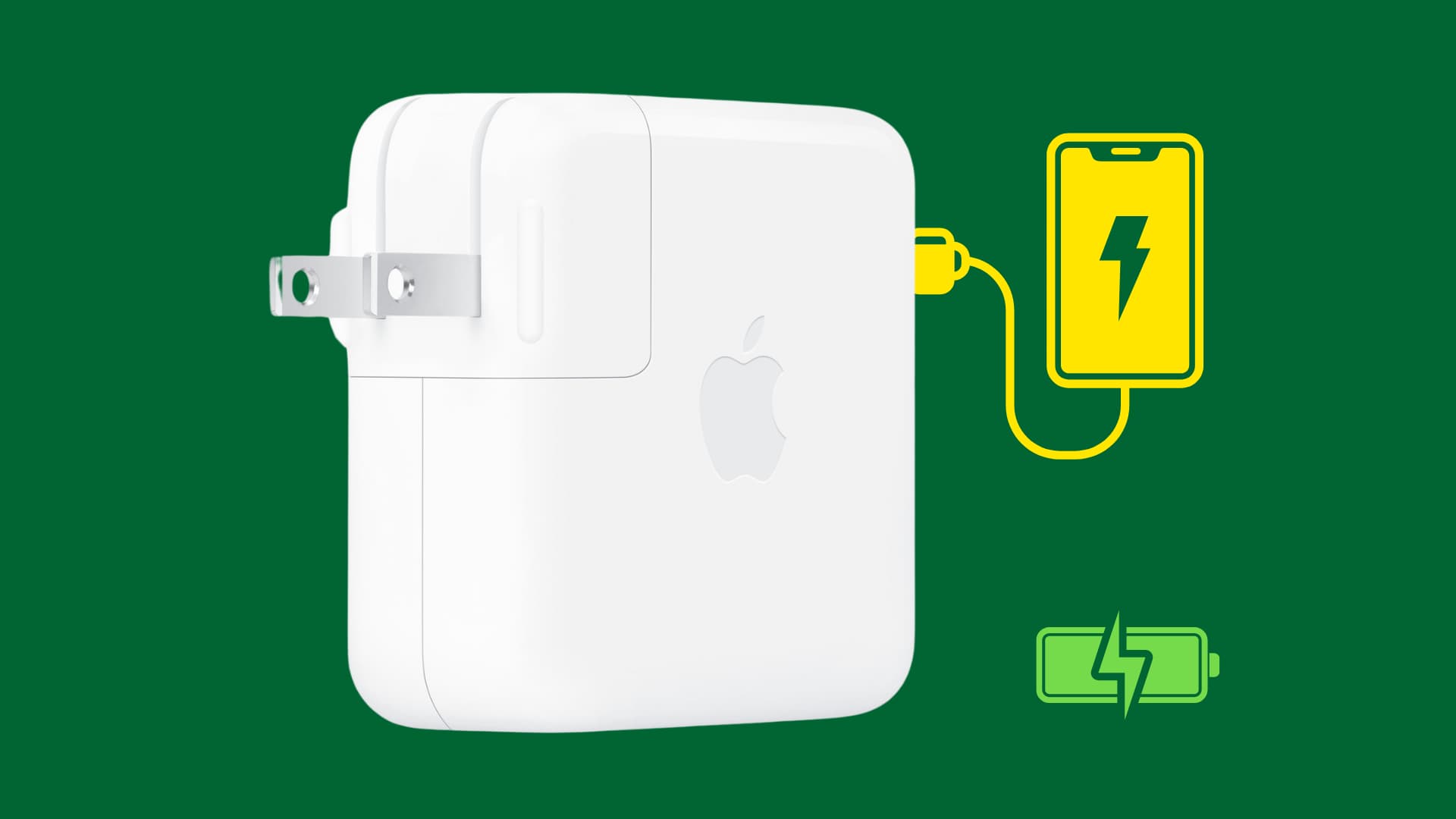 Illustration showing a big Apple power adapter with an iPhone charging icon to represent fast charging