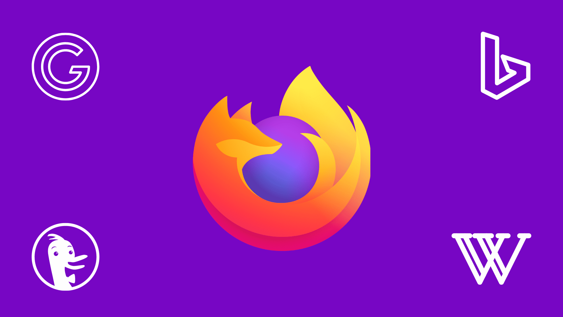 Firefox icon with Google, Bing, DuckDuckGo, and Wikipedia search engine logos