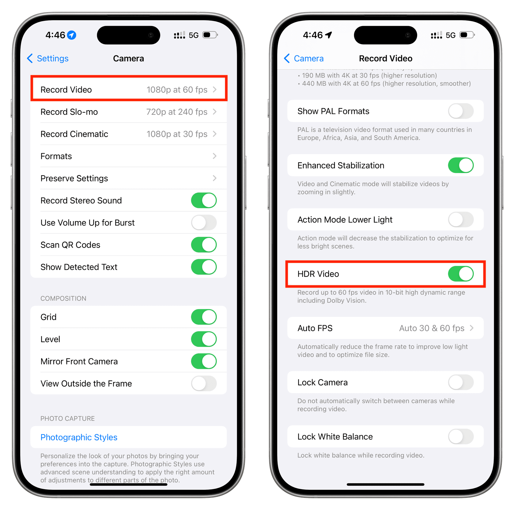 HDR Video in iPhone Video camera settings