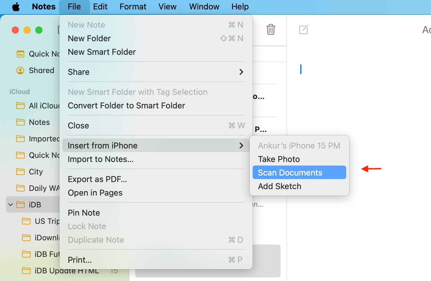Insert from iPhone option in menu bar of Mac app