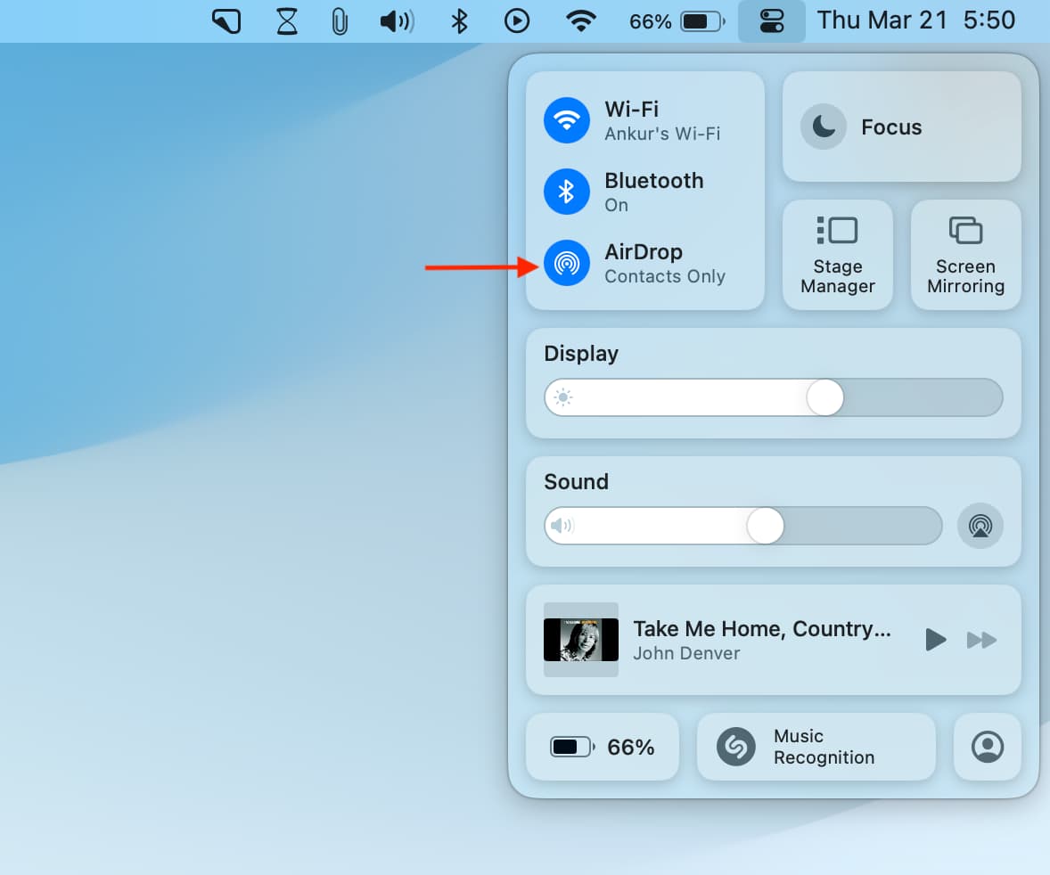 Mac Control Center with AirDrop option highlighted