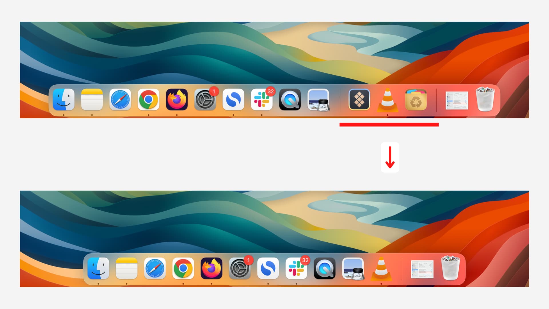 Mac Dock with and without recent apps
