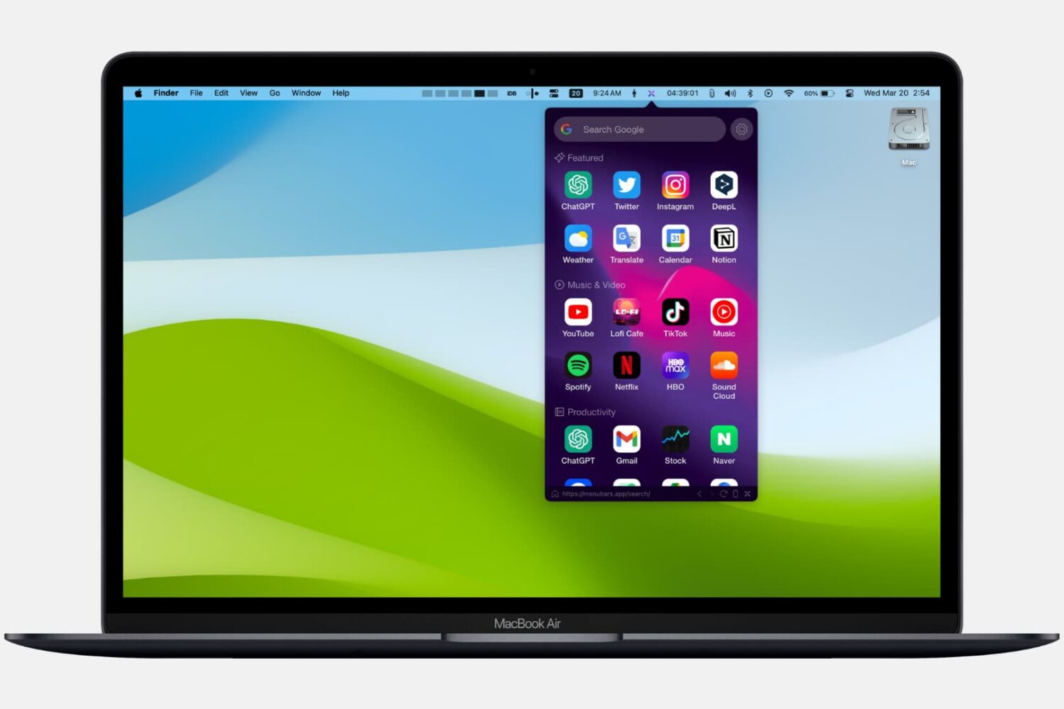 MacBook Air with MenuBarX app on the screen