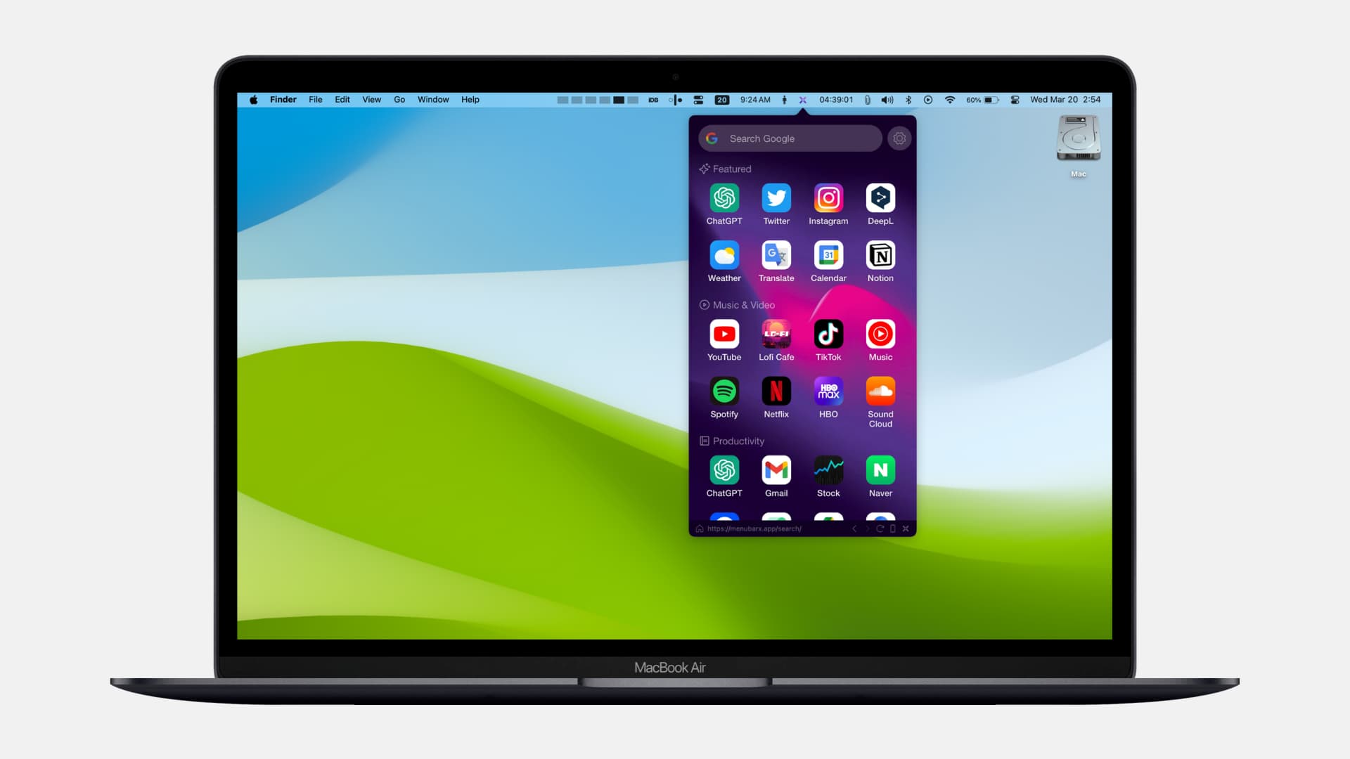 MacBook Air with MenuBarX app on the screen