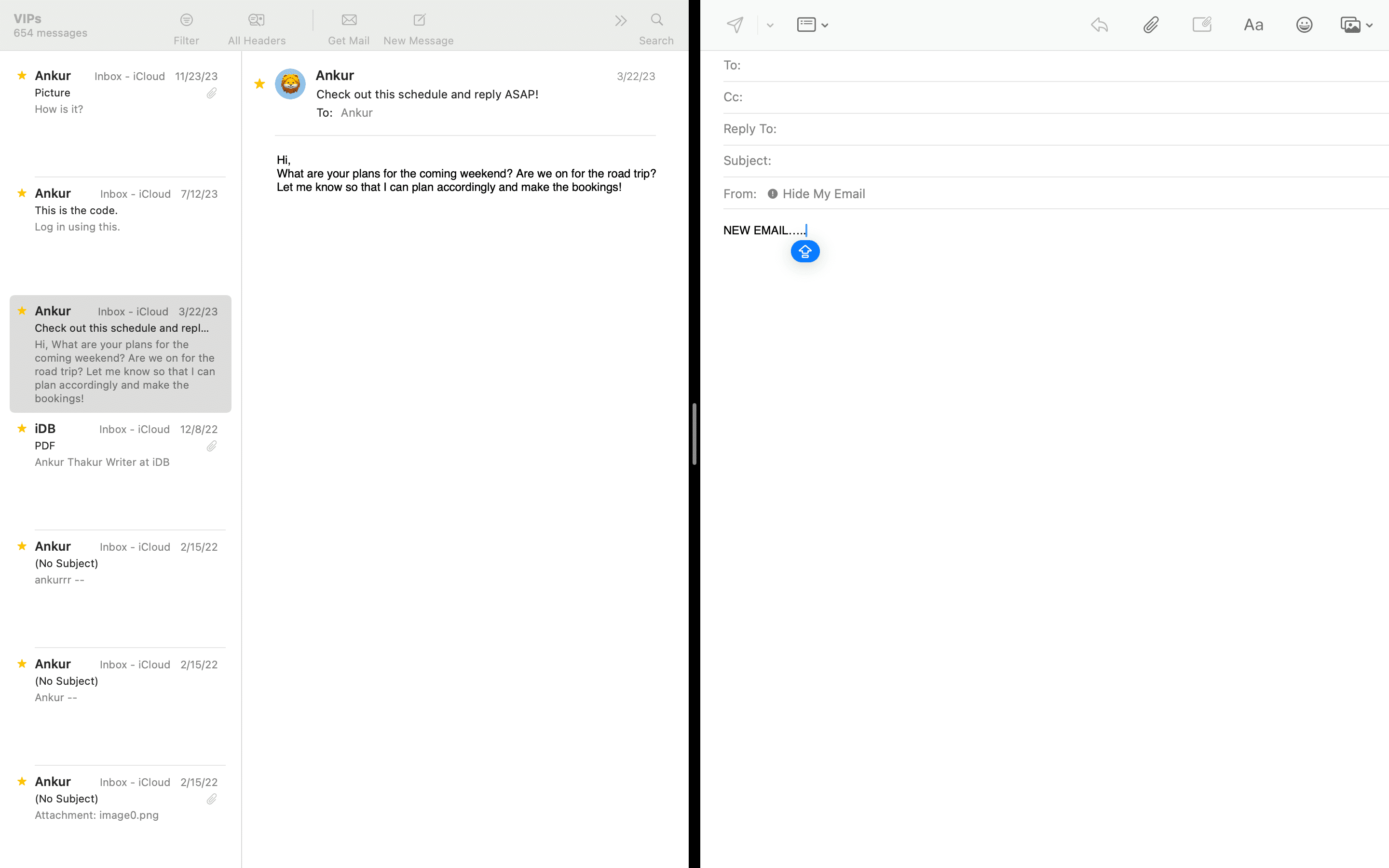 Mail app in split view on Mac