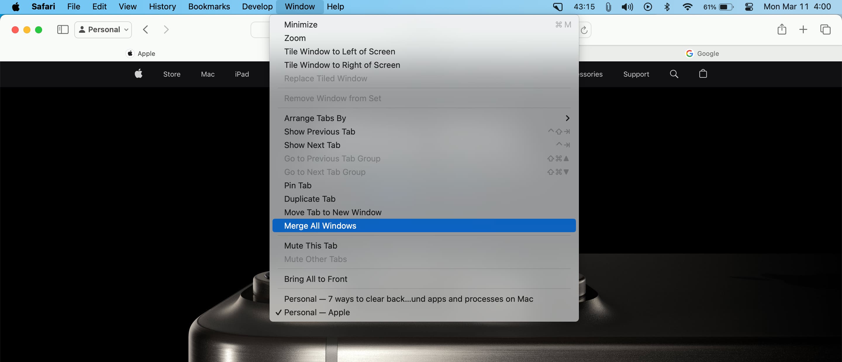 Merge All Windows in Safari on Mac