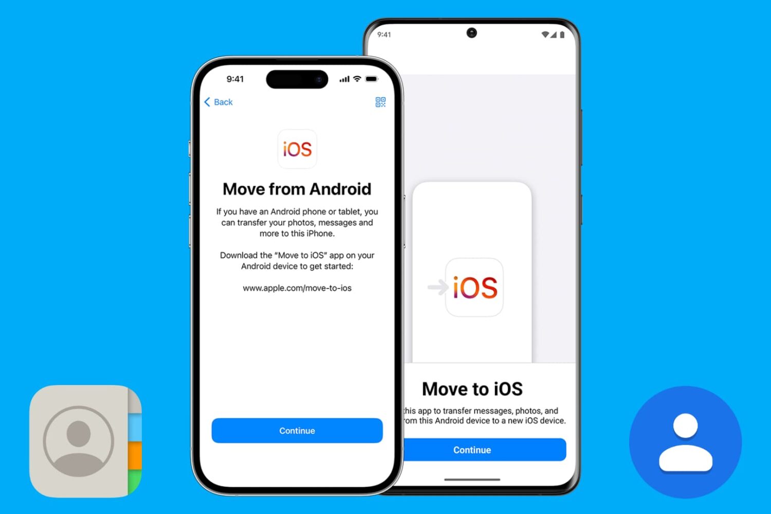 iPhone and Android mockups showing Move to iOS app on screen to transfer contacts