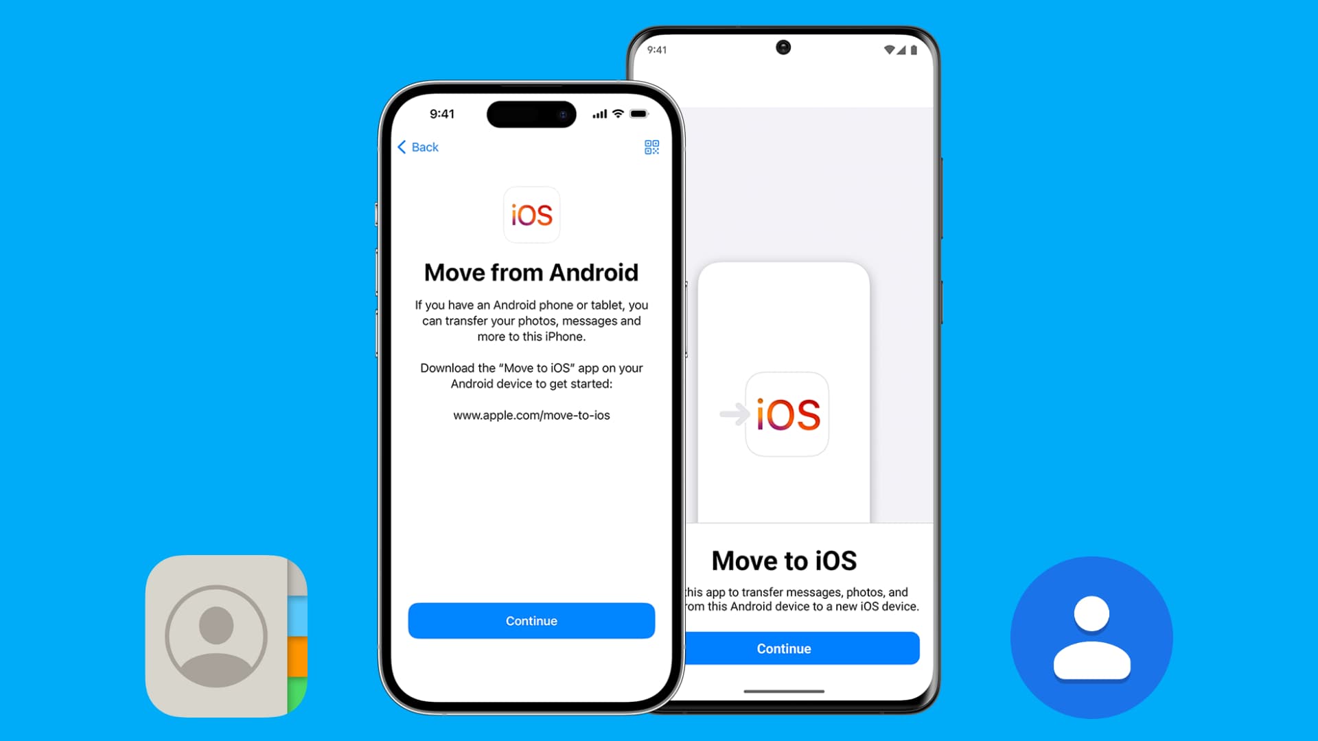 iPhone and Android mockups showing Move to iOS app on screen to transfer contacts
