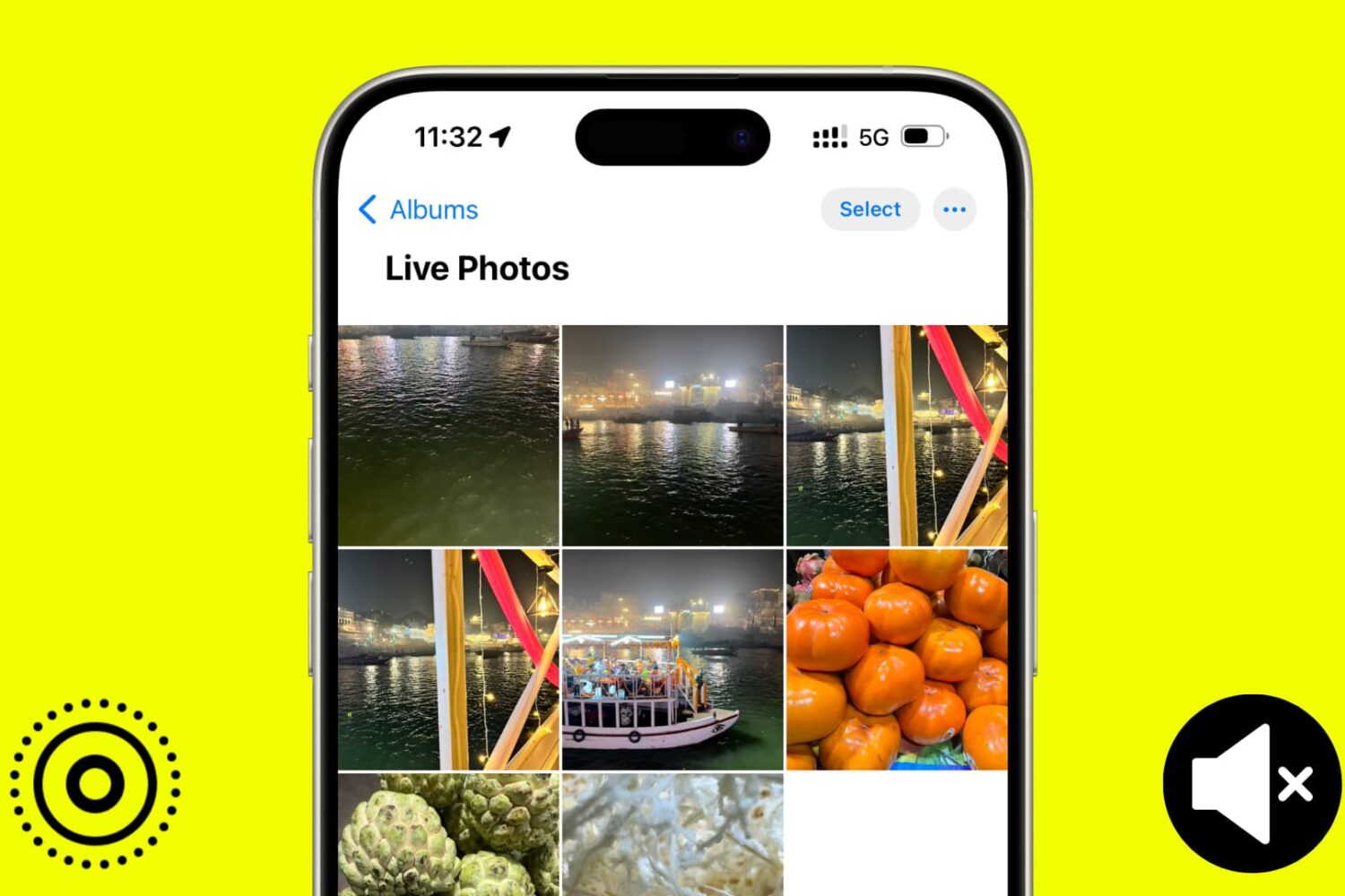 iPhone Photos app showing the Live Photos section with Live Photo and mute icons on both sides