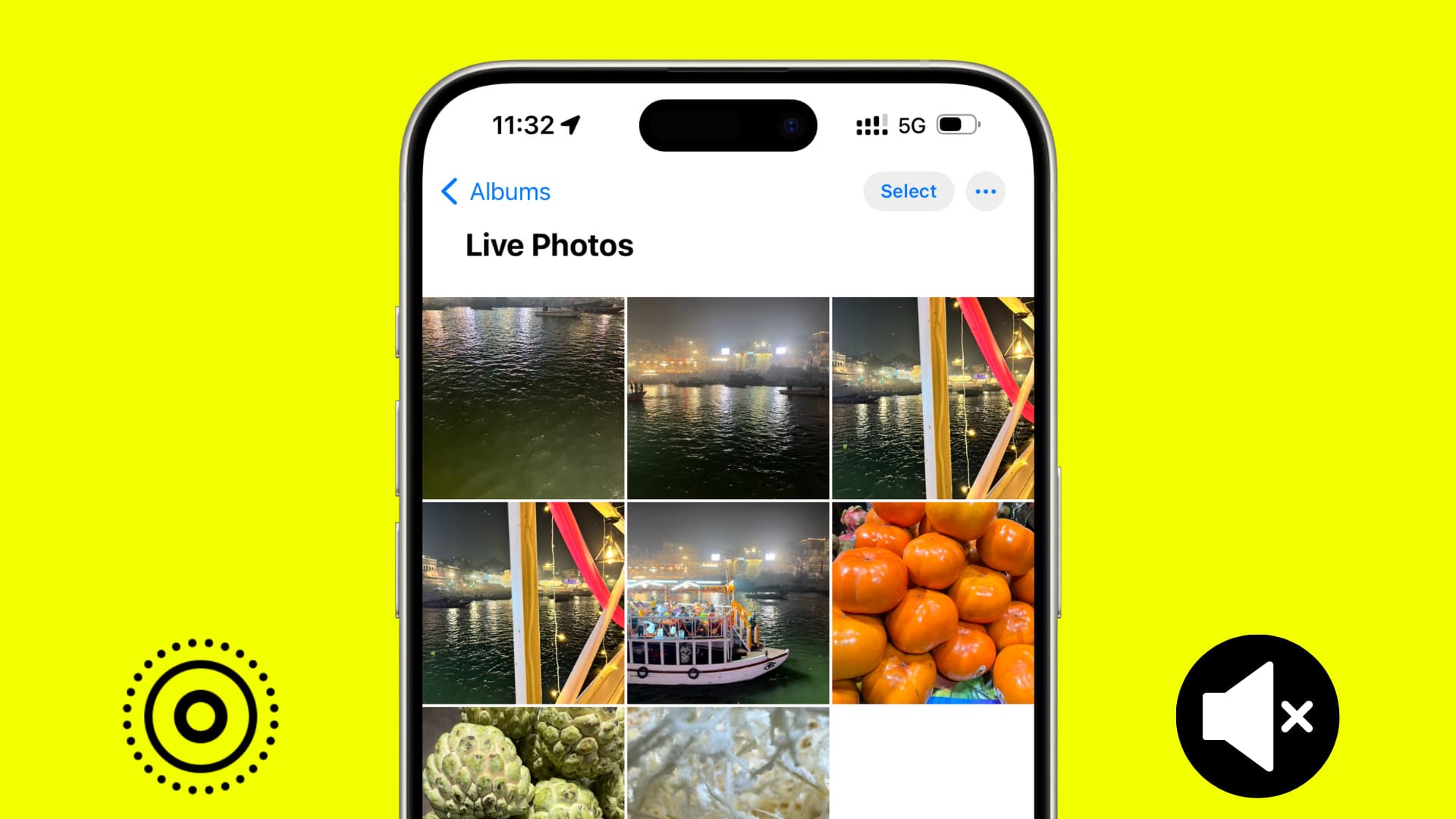 iPhone Photos app showing the Live Photos section with Live Photo and mute icons on both sides