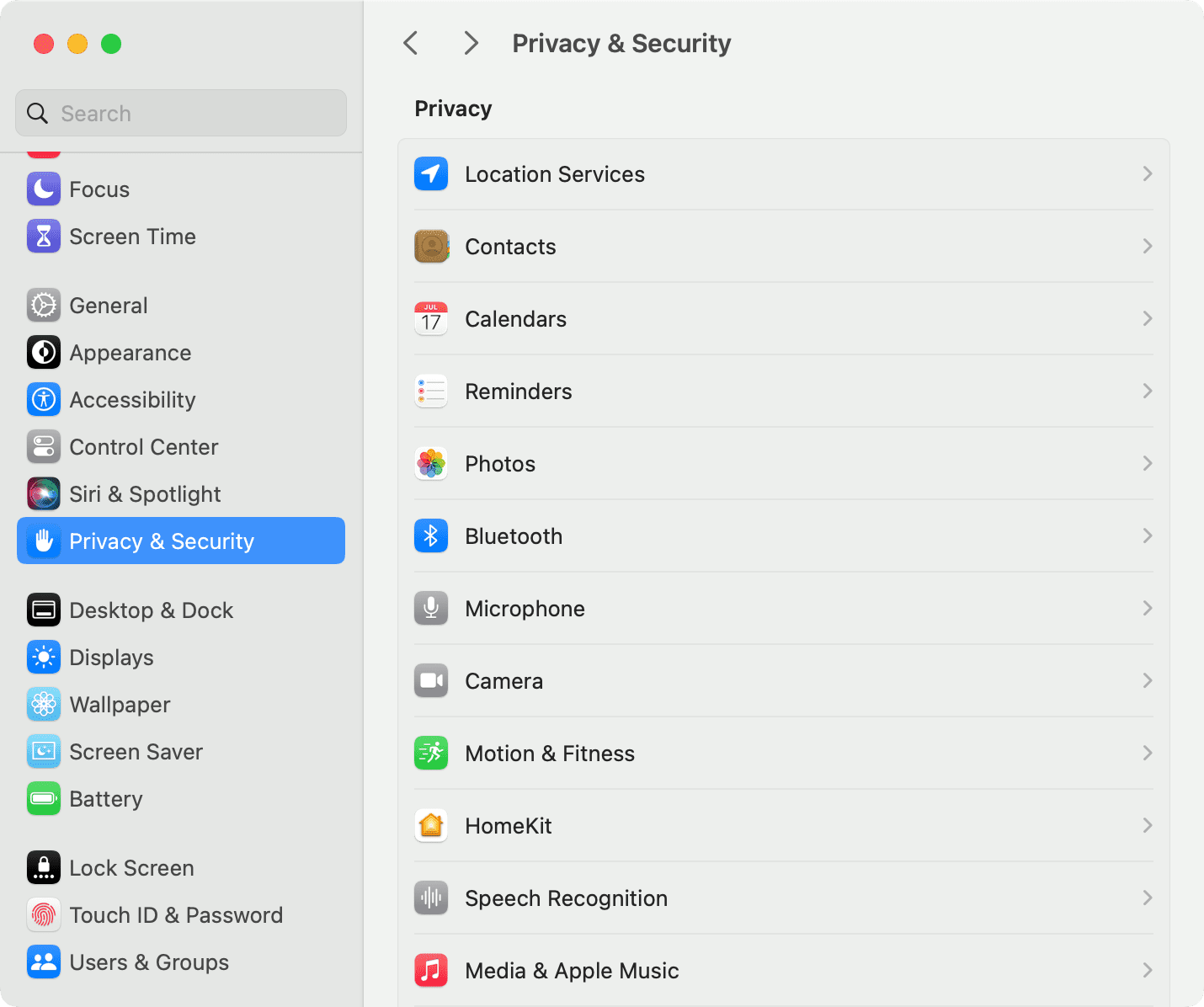 Privacy and Security settings on Mac