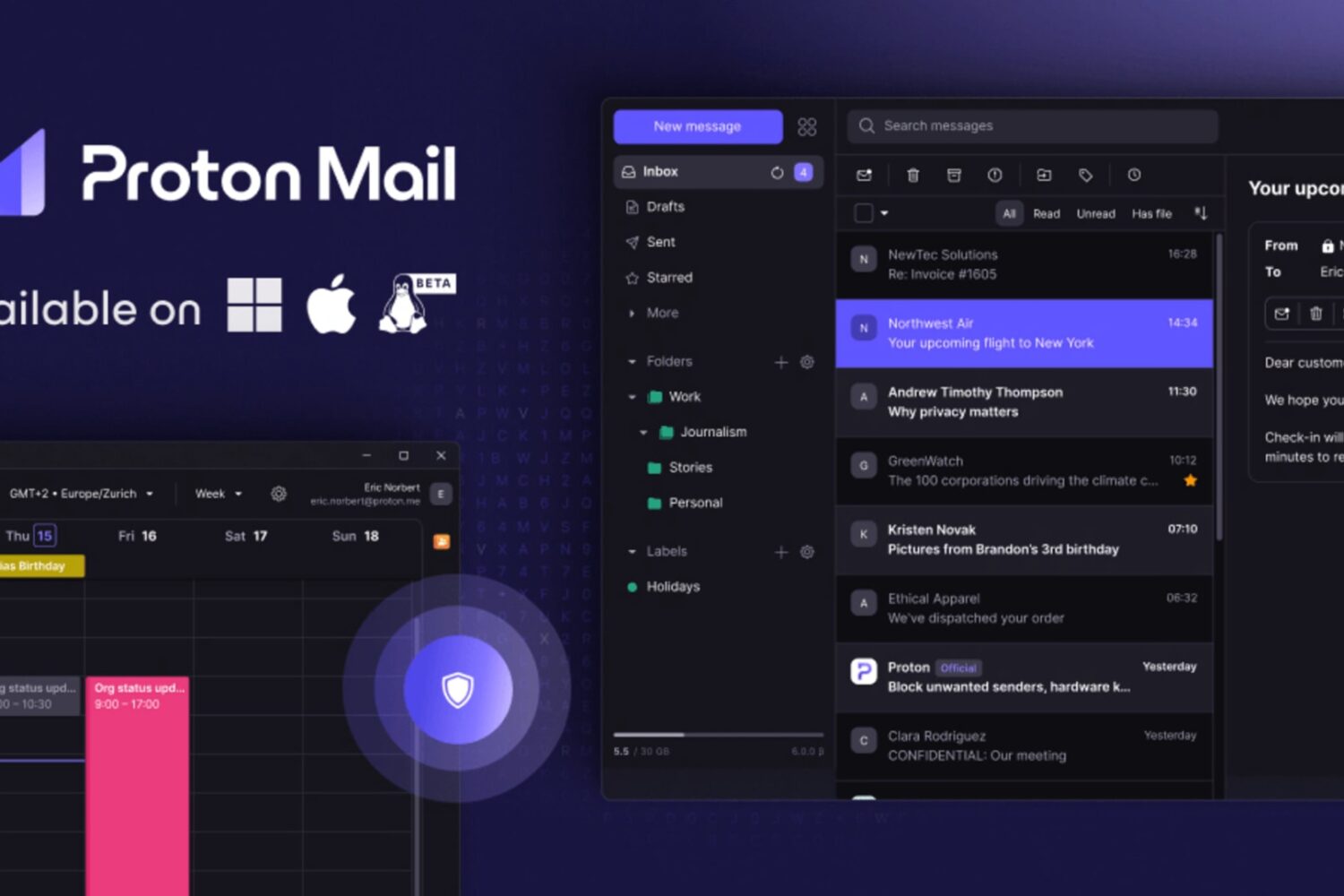 Marketing image showcasing Proton Mail for macOS, Windows and Linux
