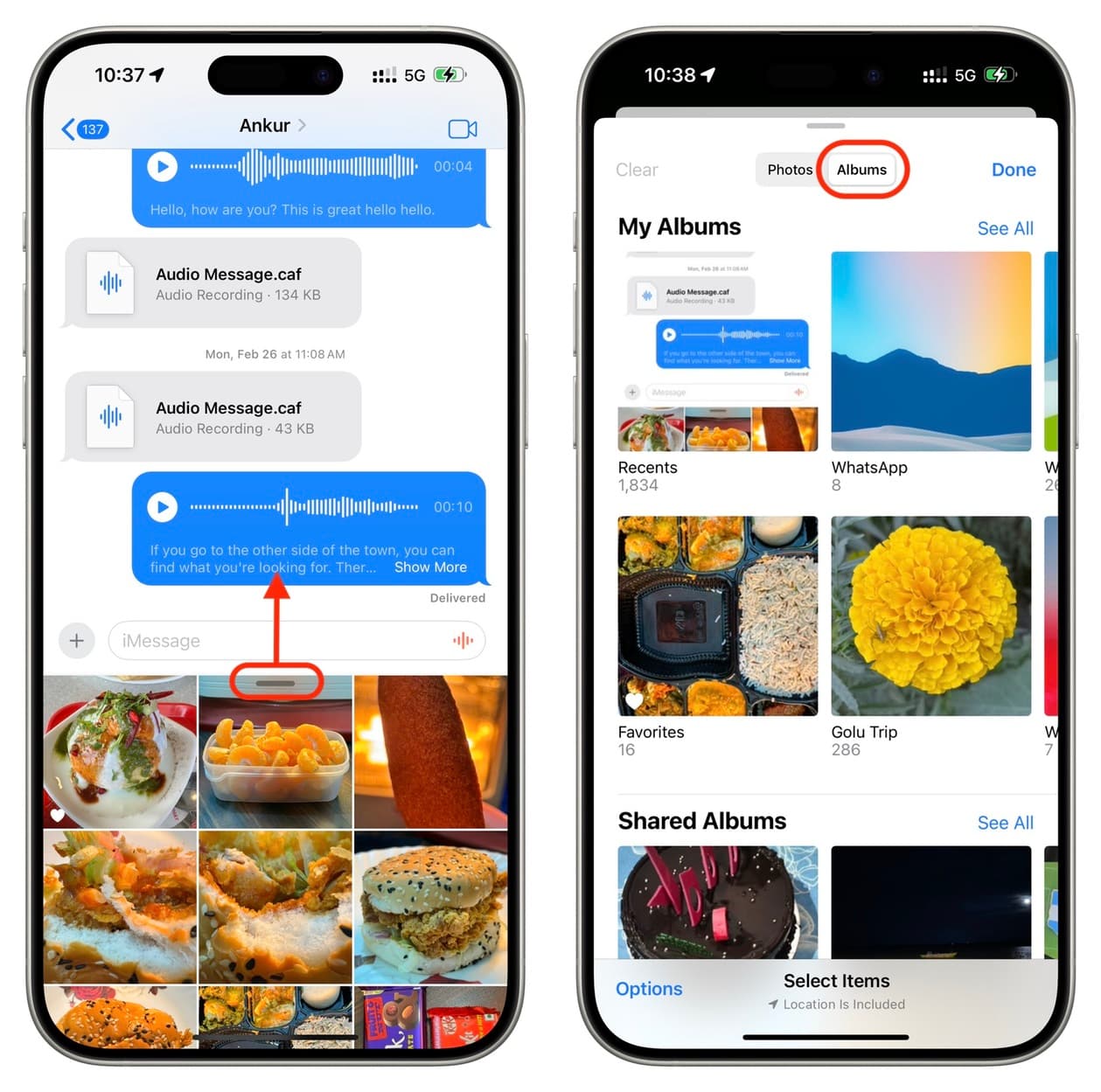 Pull up to bring the full screen Photo picker inside Messages app on iPhone
