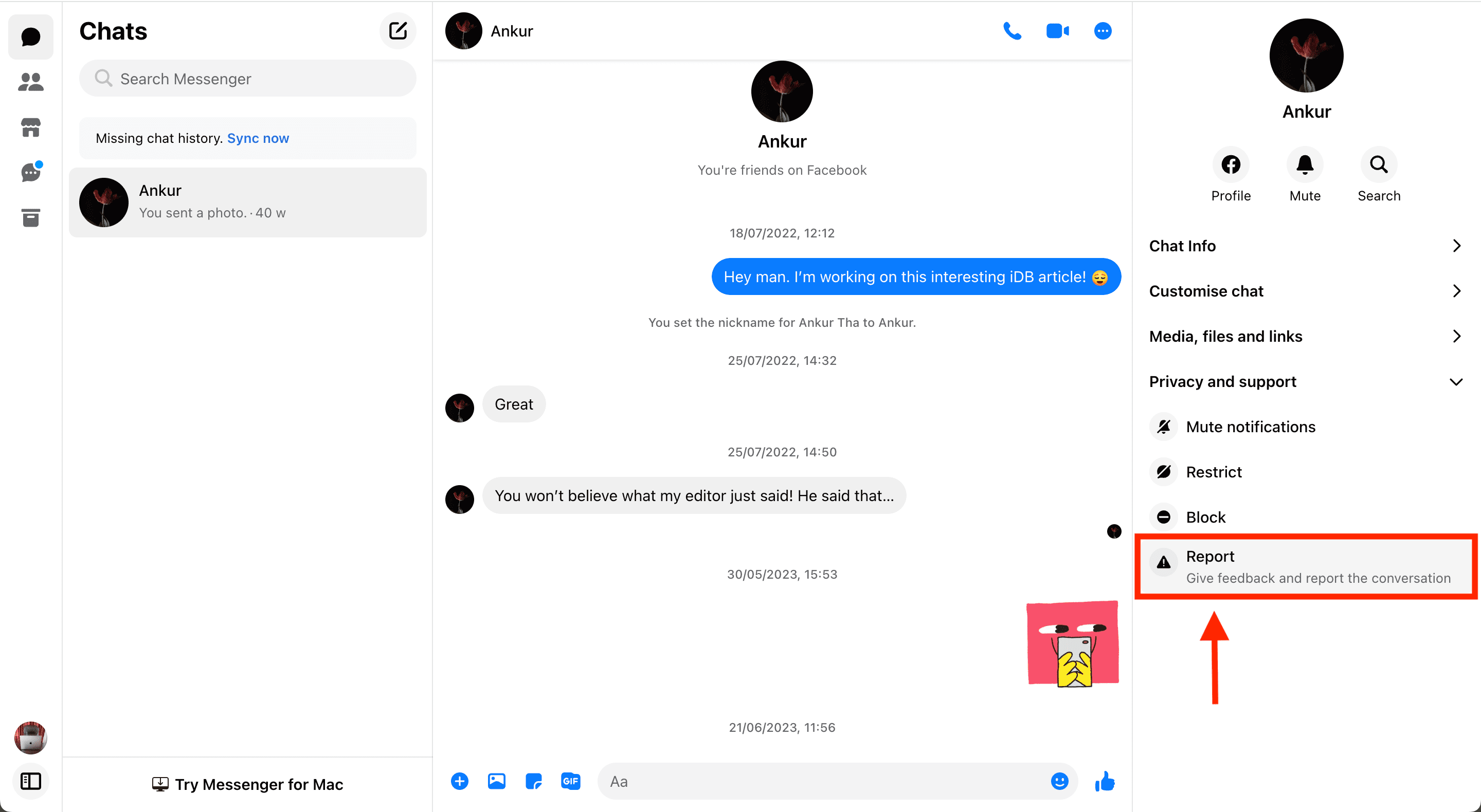 Report in Messenger on web