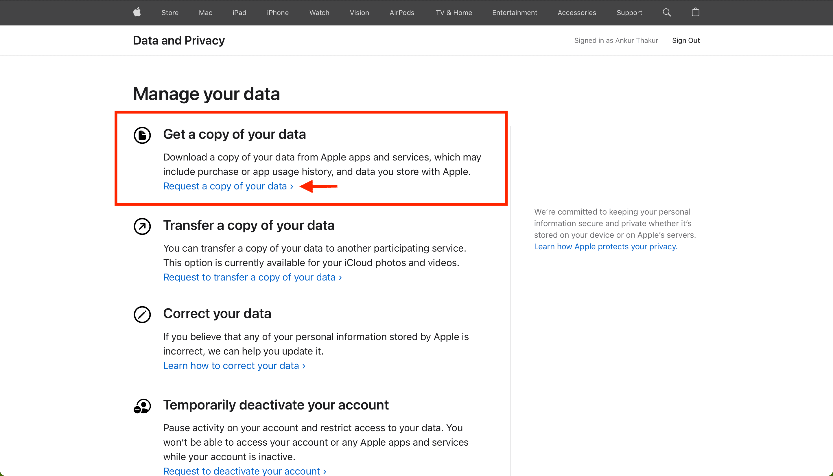 Request a copy of your data from Apple