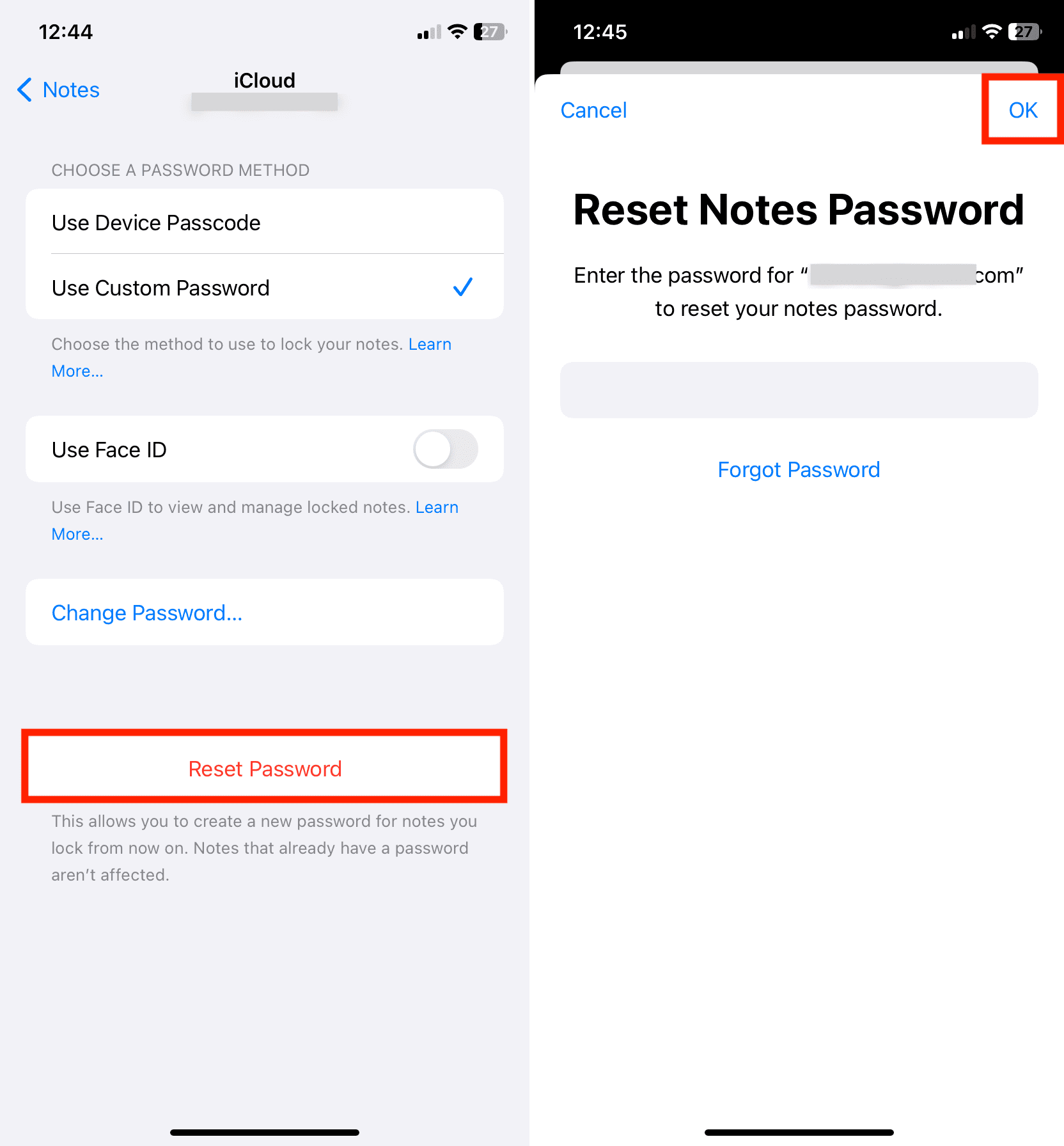 Reset Notes Password by entering Apple ID password on iPhone