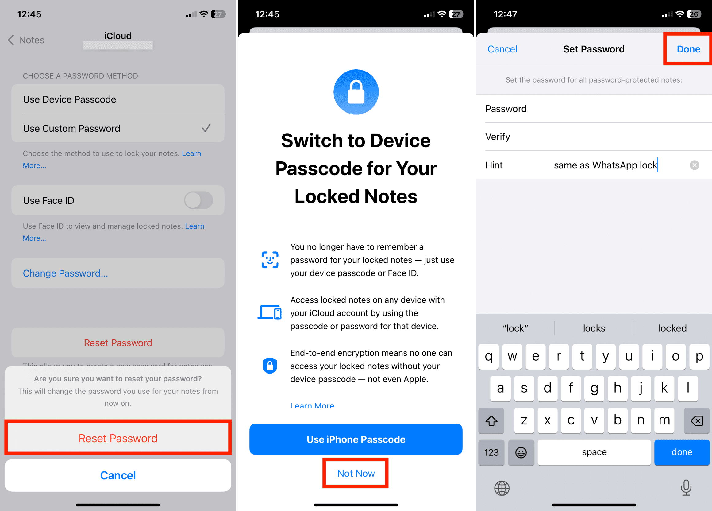 Reset Password for locked notes on iPhone