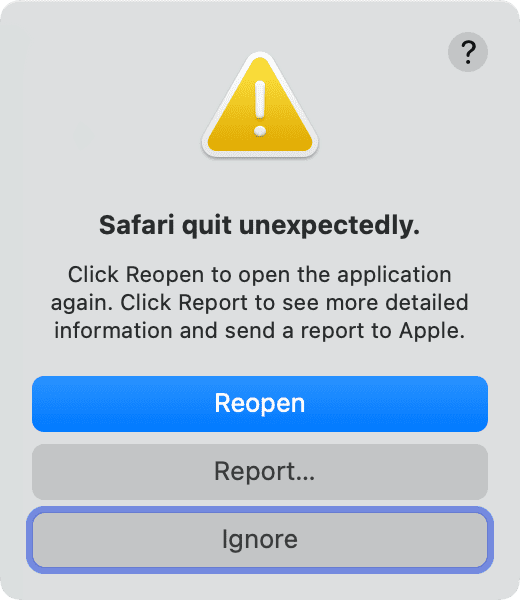 Safari quit unexpectedly popup on Mac