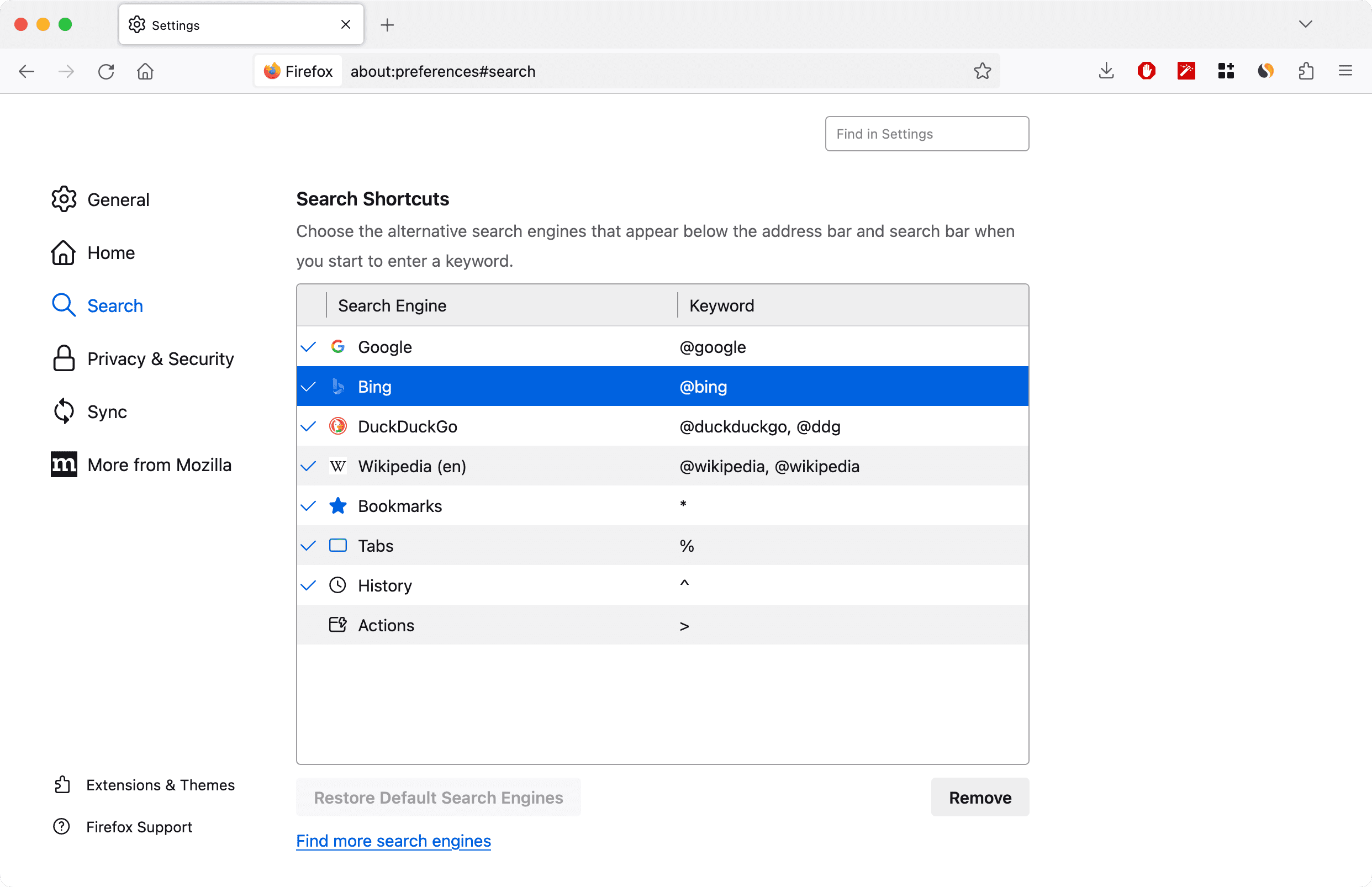 Search Shortcuts in Firefox Search settings on Mac