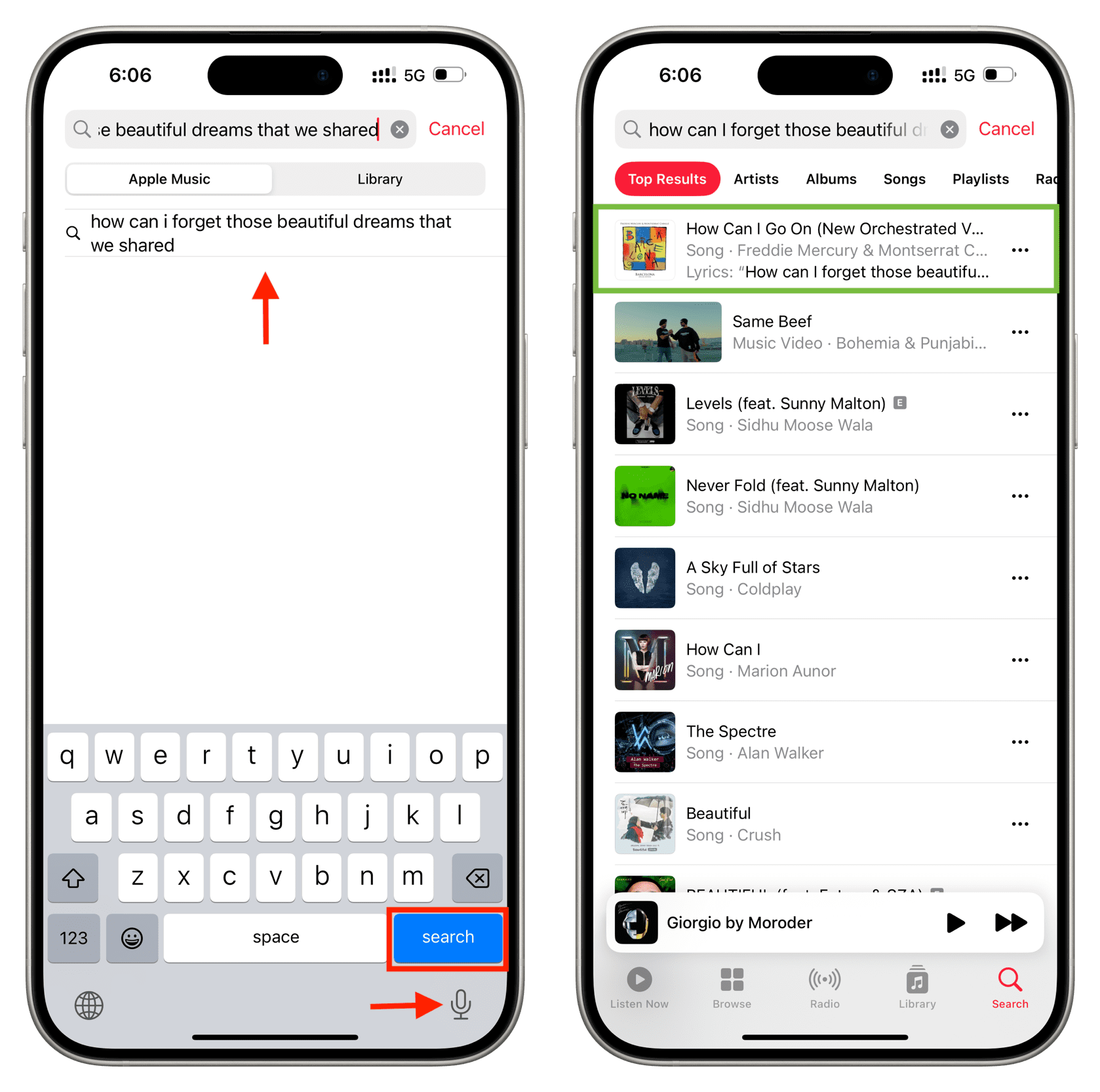 Searching for song by lyrics in Apple Music on iPhone