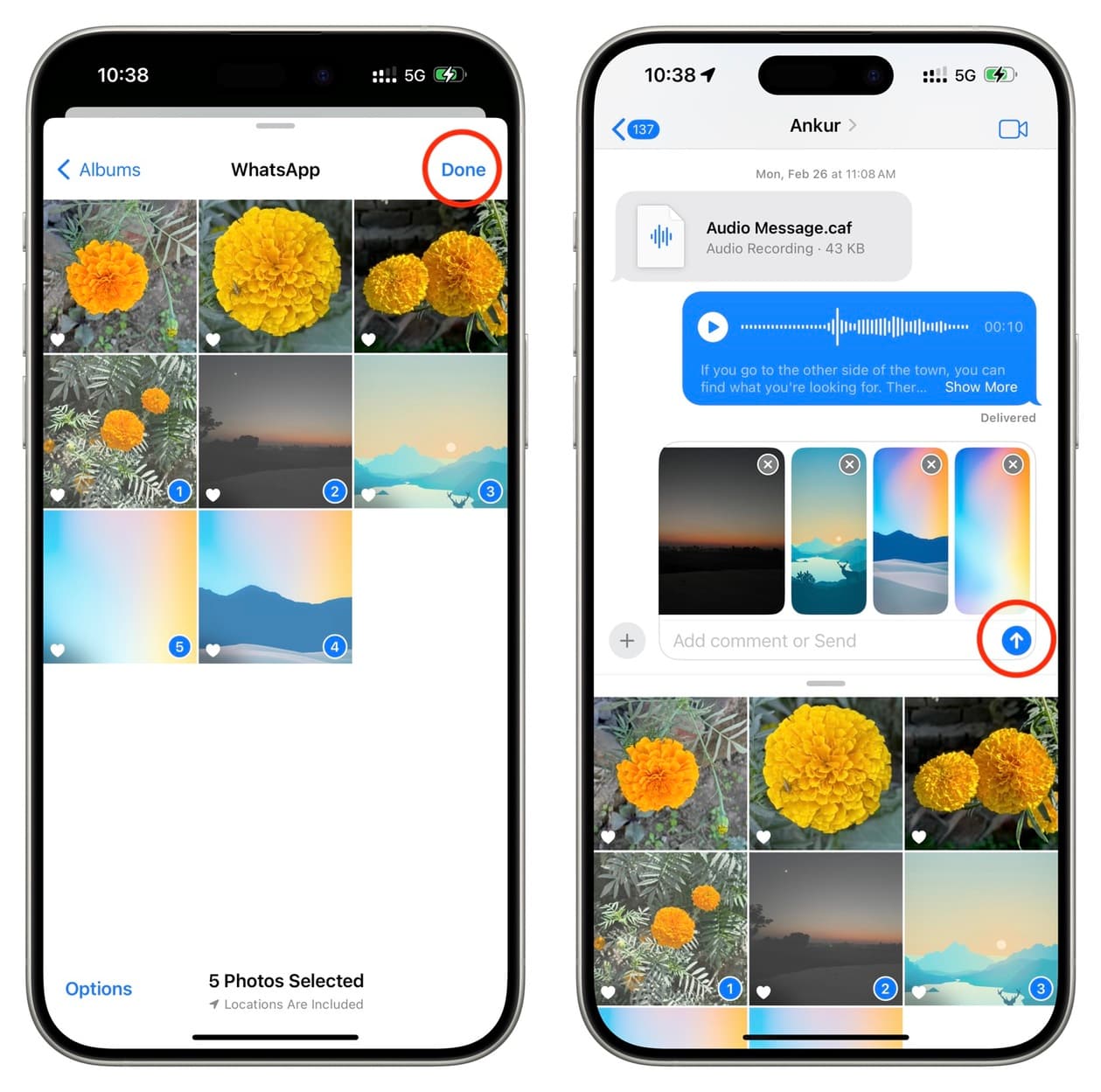 Select photos and tap send button in iPhone Messages