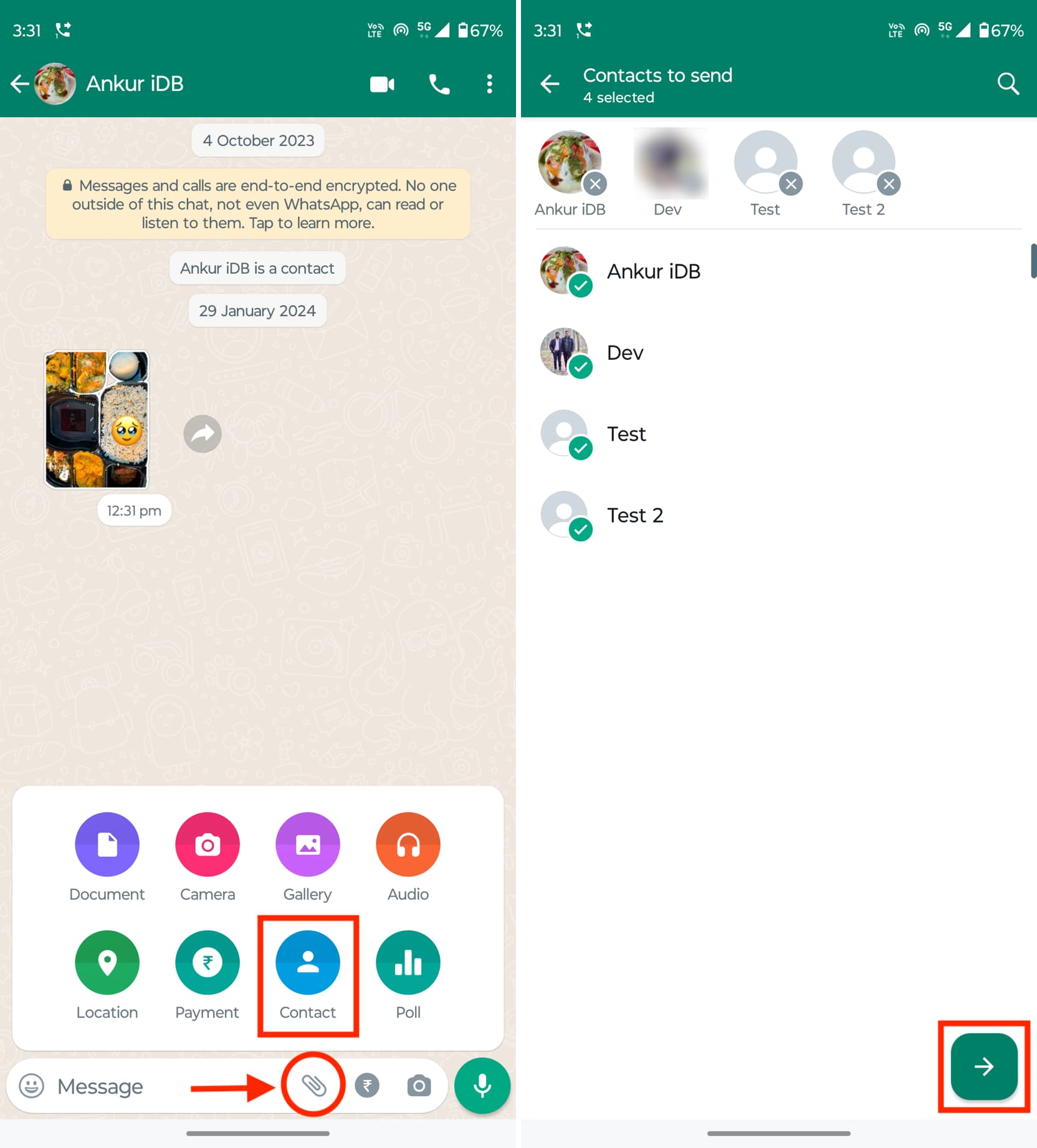 Send contacts using WhatsApp on Android phone
