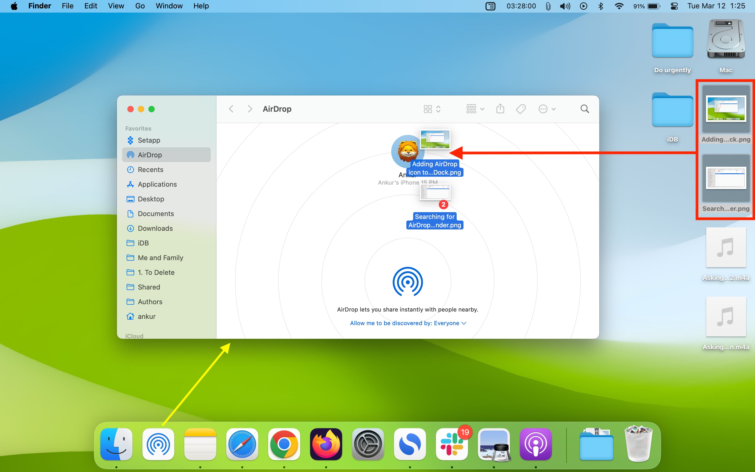 Sending files using AirDrop by dragging it to other device in AirDrop Finder window