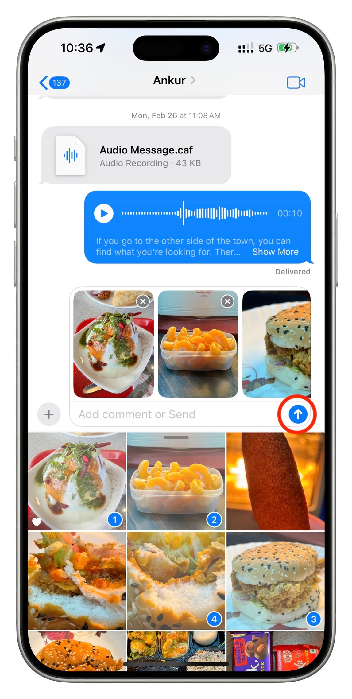 Sending selected photos via Messages on iPhone