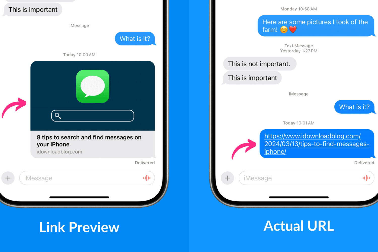 Sending website URL on iMessage with and without link preview