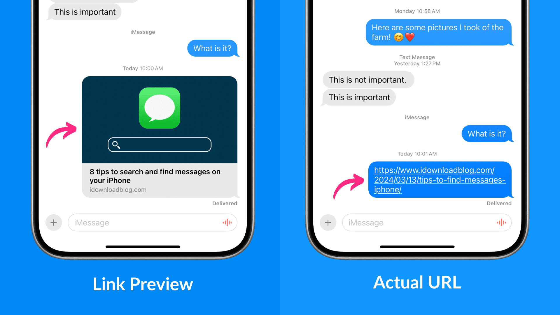 Sending website URL on iMessage with and without link preview