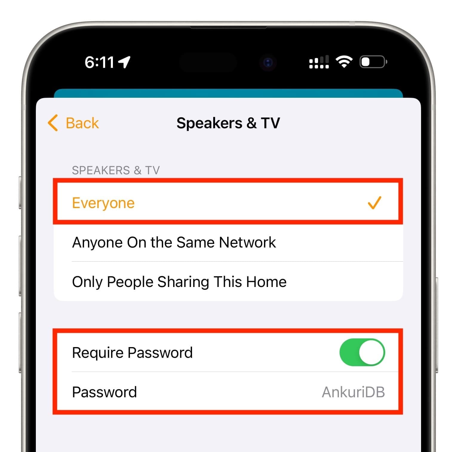 Set HomePod AirPlay to Everyone in iPhone Home app