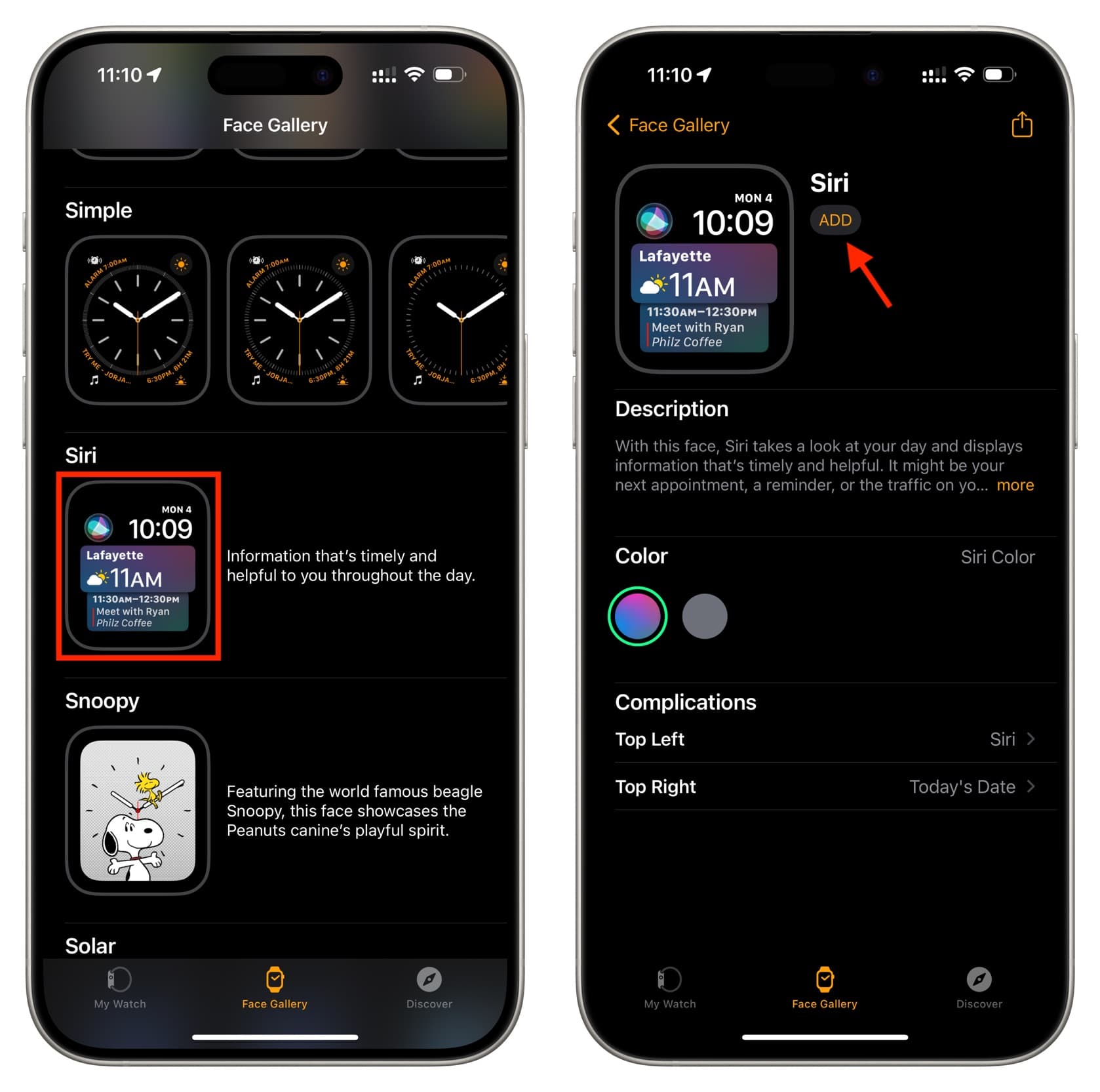 Setting up Siri watch face in iPhone Watch app