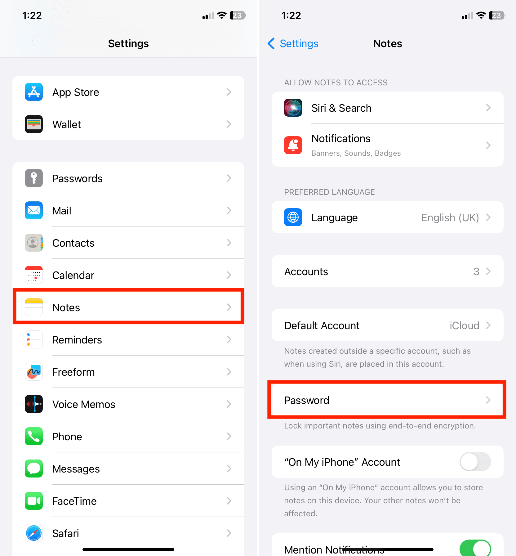 Tap Notes Password in iPhone Settings