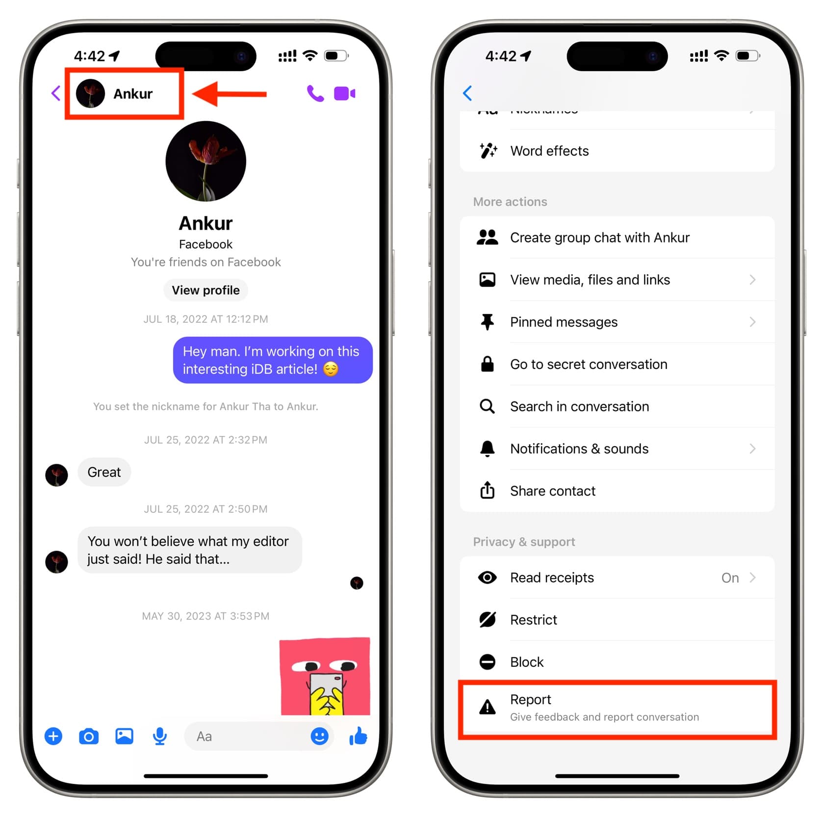 Tap person name and hit Report in Messenger app on iPhone