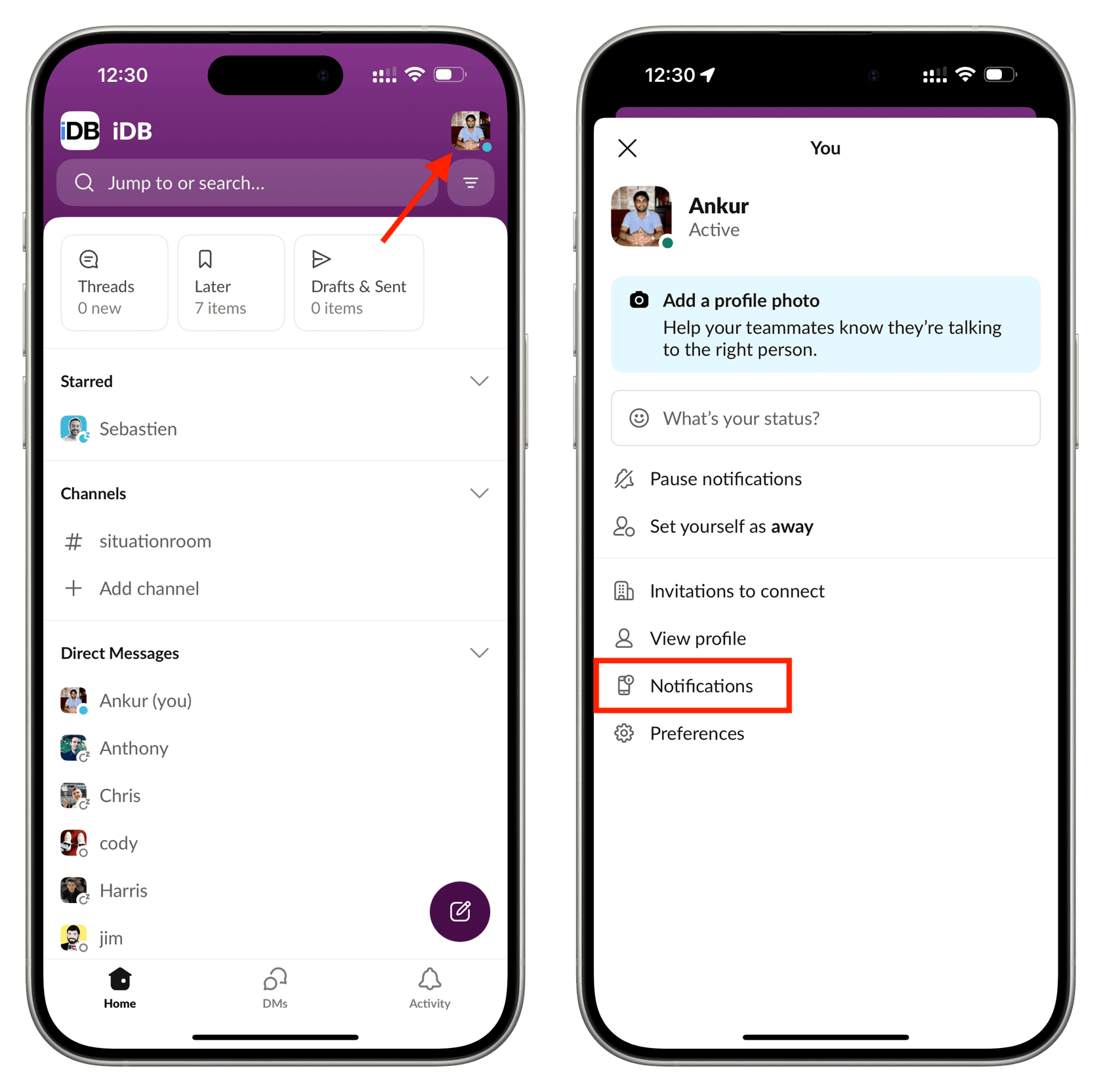Tap profile picture and then tap Notifications in Slack iPhone app