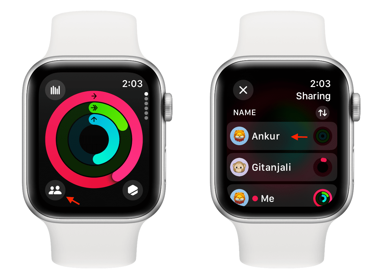 Tap sharing icon and choose your friend from Activity app on Apple Watch