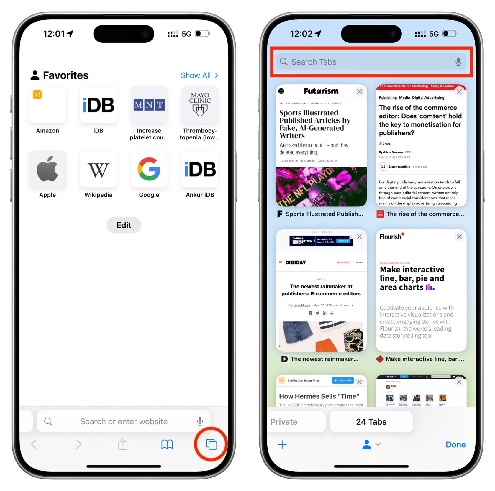 Tap tabs button in Safari on iPhone to see all open tabs with search bar