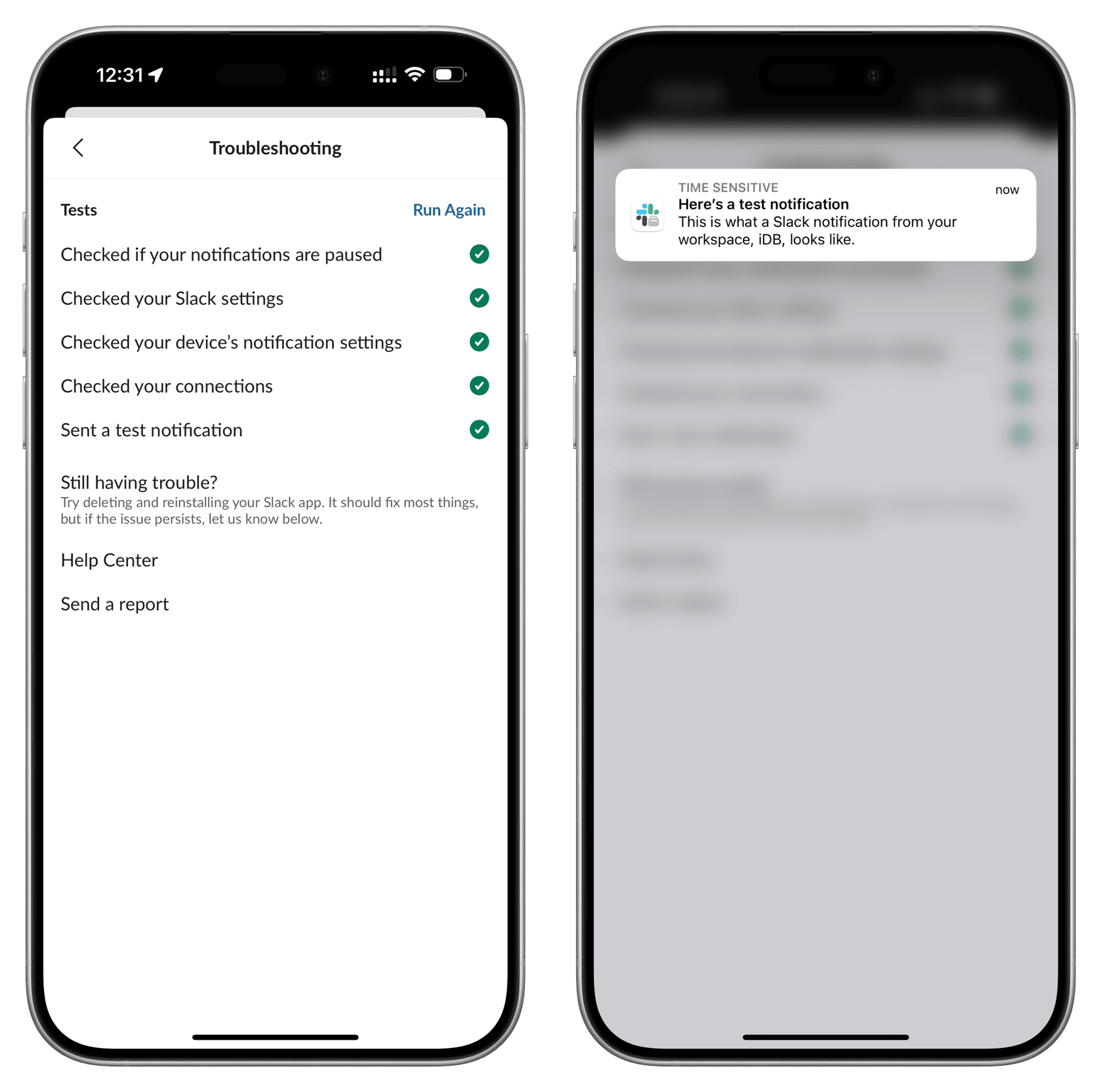 Test notification on Slack on iPhone