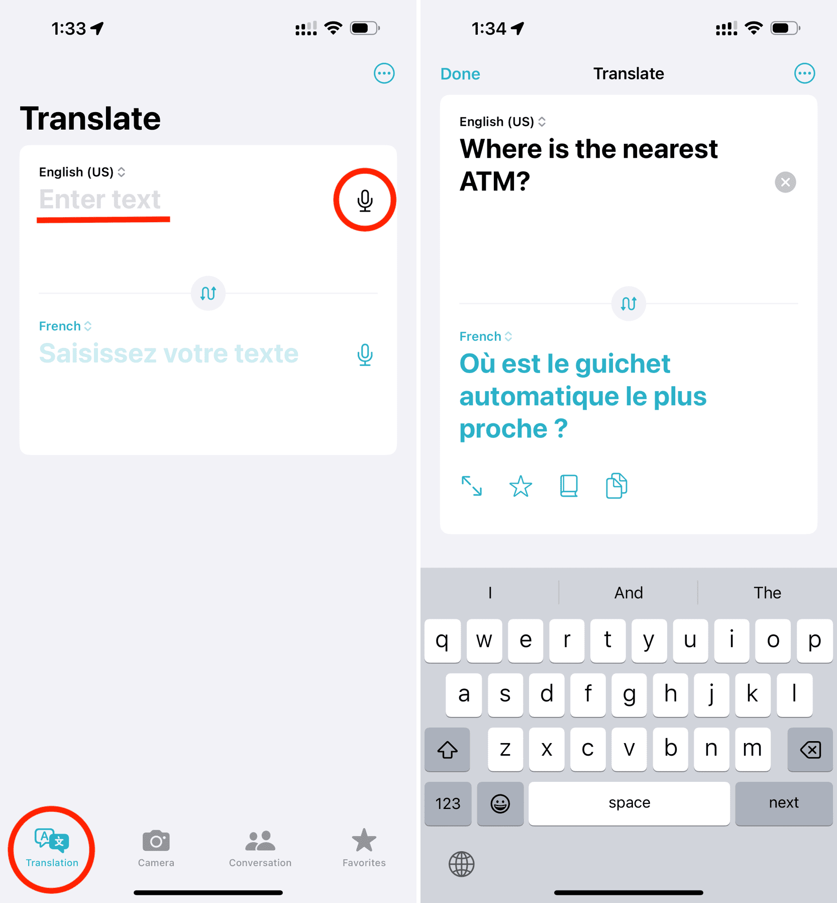 Translating in Apple Translate app on iPhone