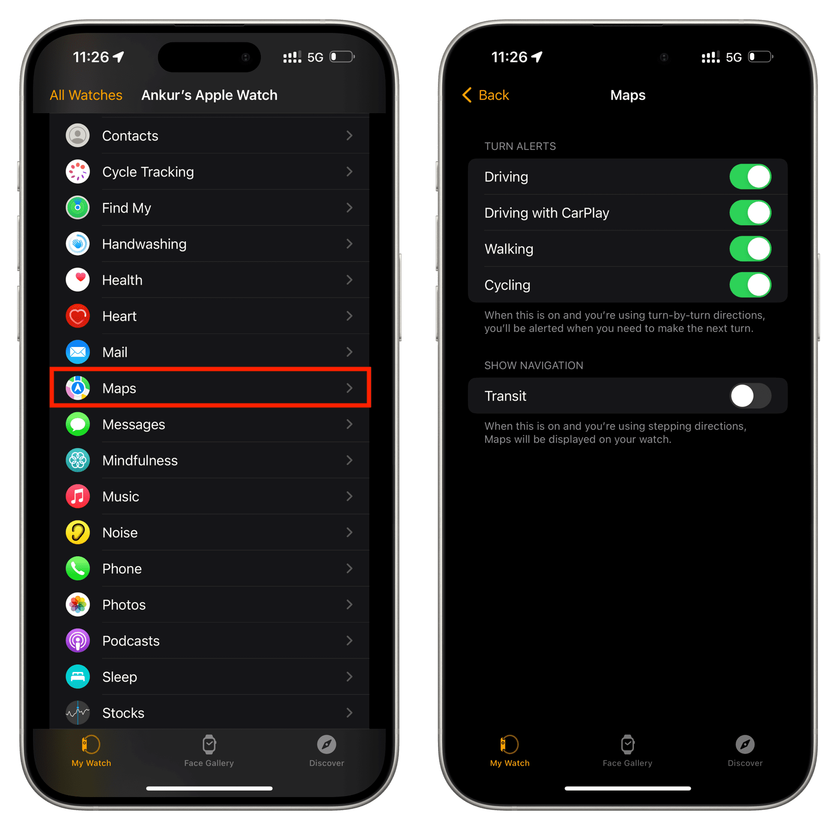 Turn Alerts for Maps app on Apple Watch
