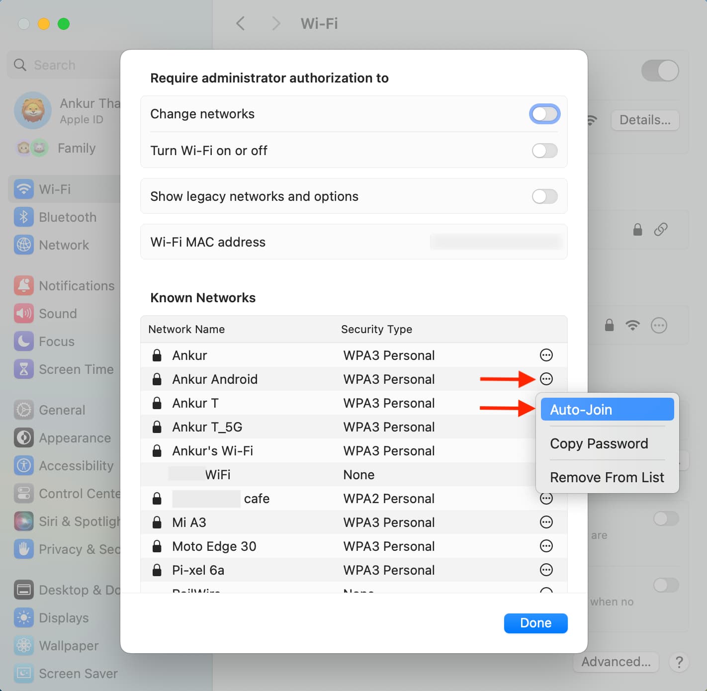Turn off Auto-Join for a Wi-Fi network on Mac