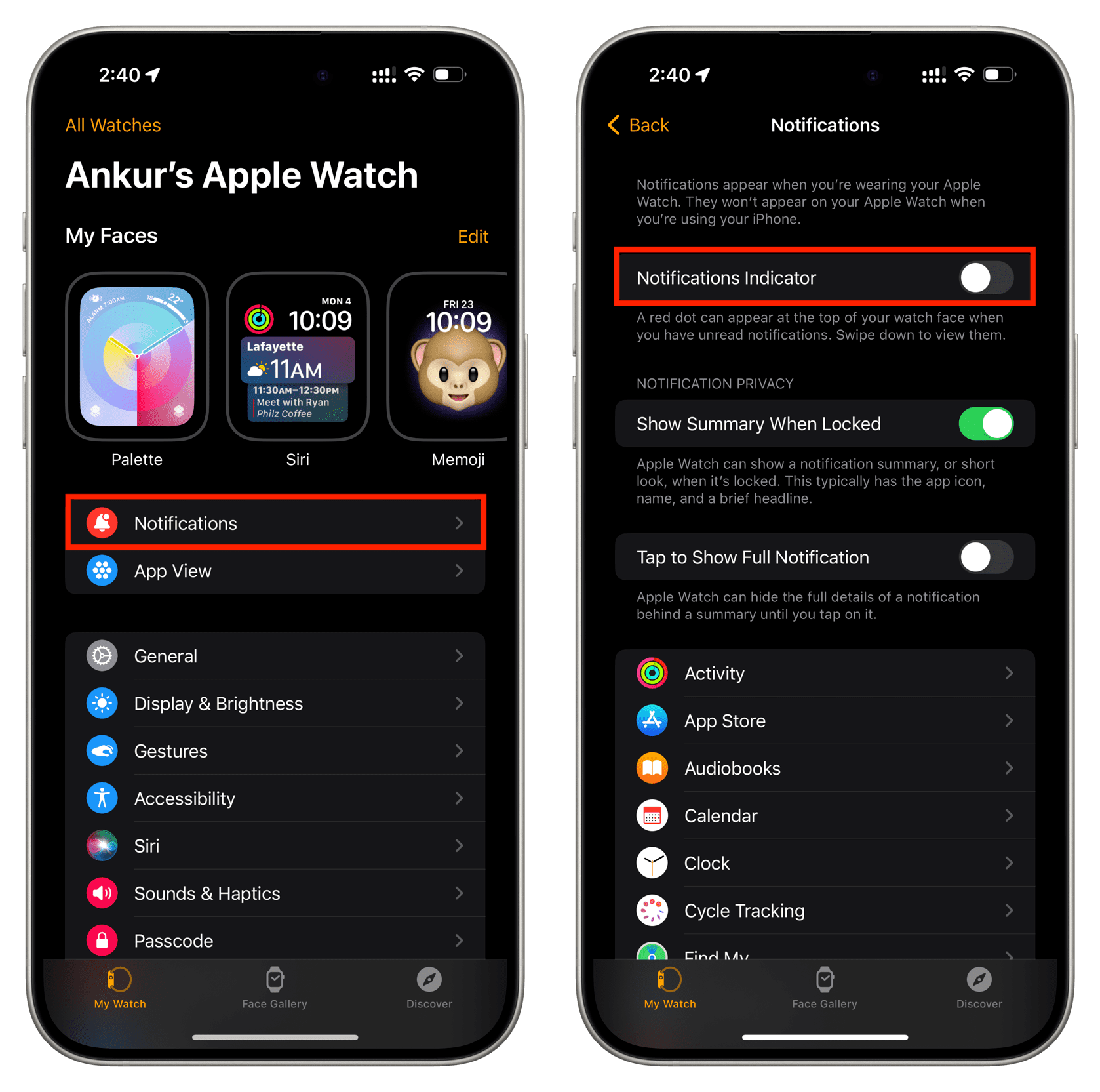 Turn off Notifications Indicator in Watch app on iPhone