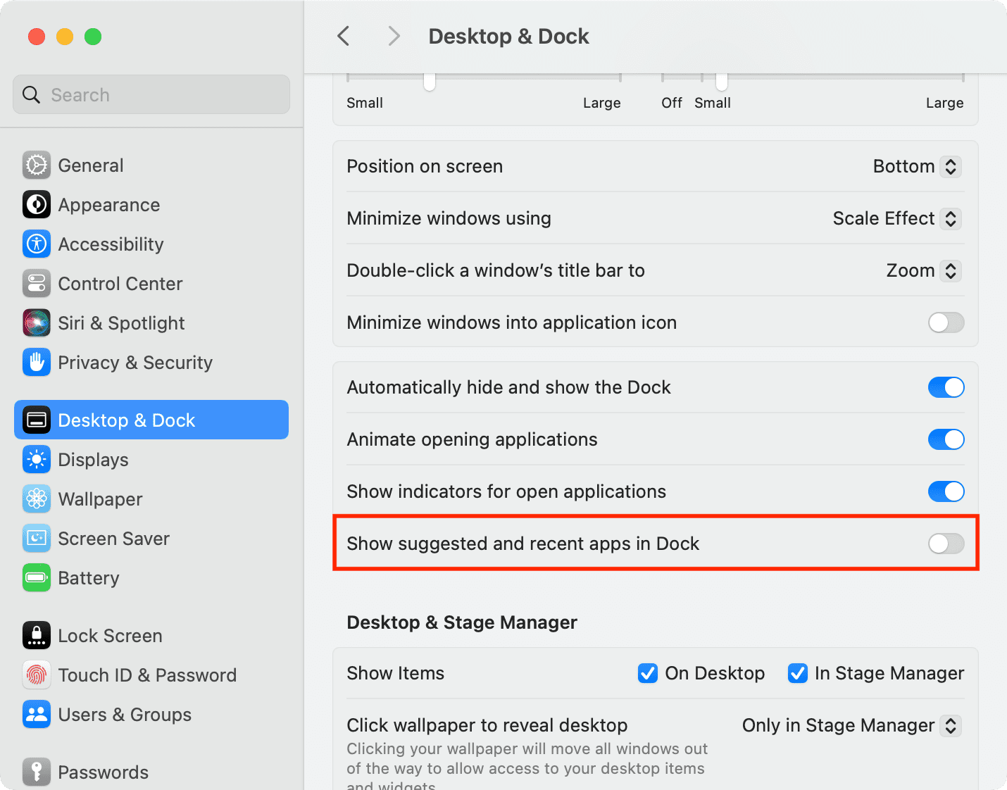 Turn off Show suggested and recent apps in Dock on Mac