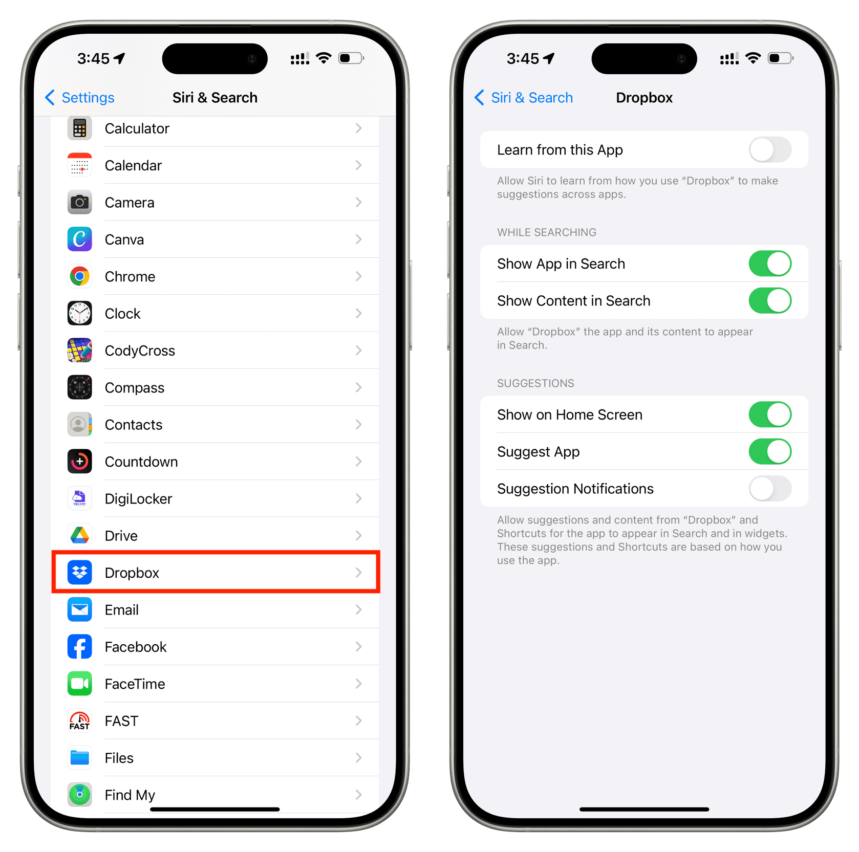 Turn off Siri suggestions for Dropbox on iPhone