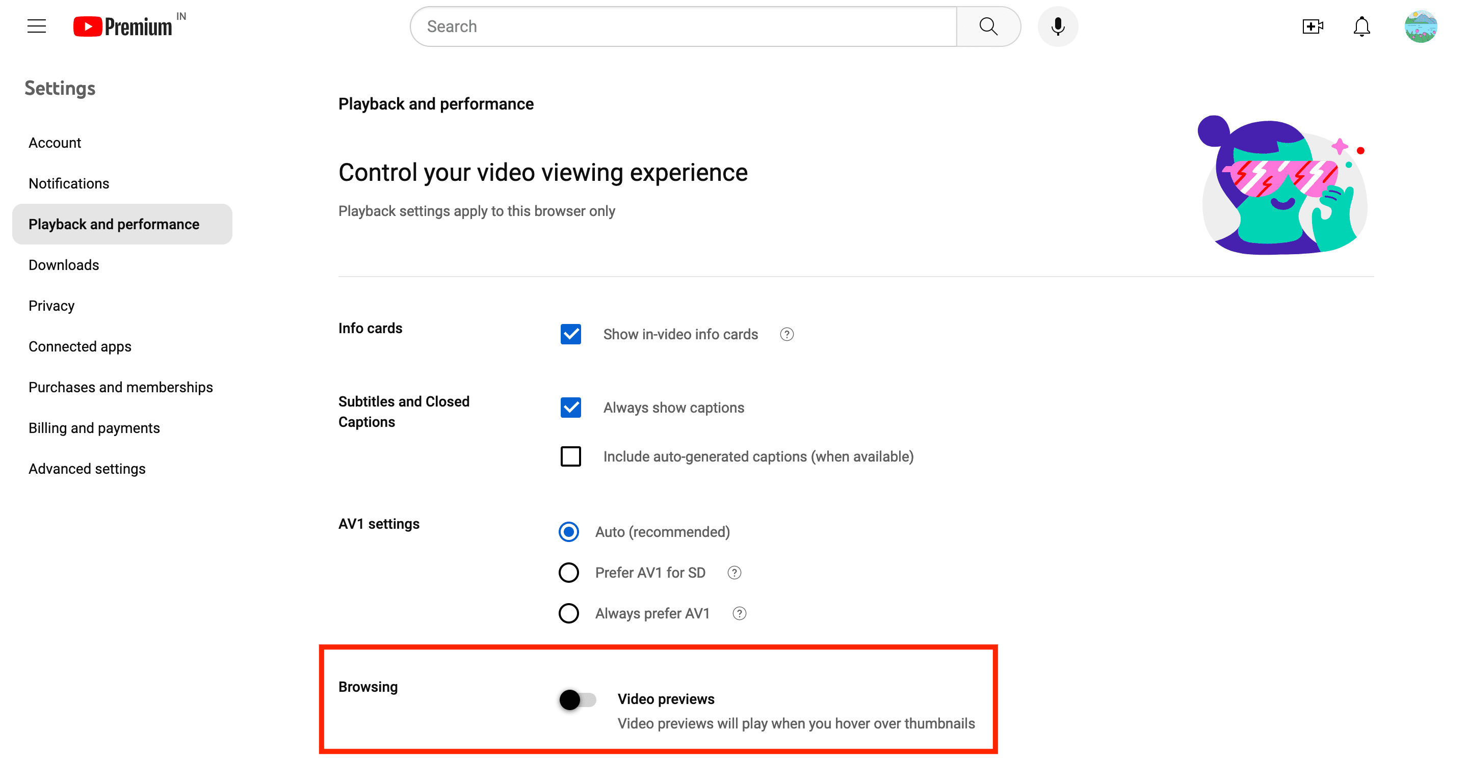 Turn off Video previews for YouTube's website