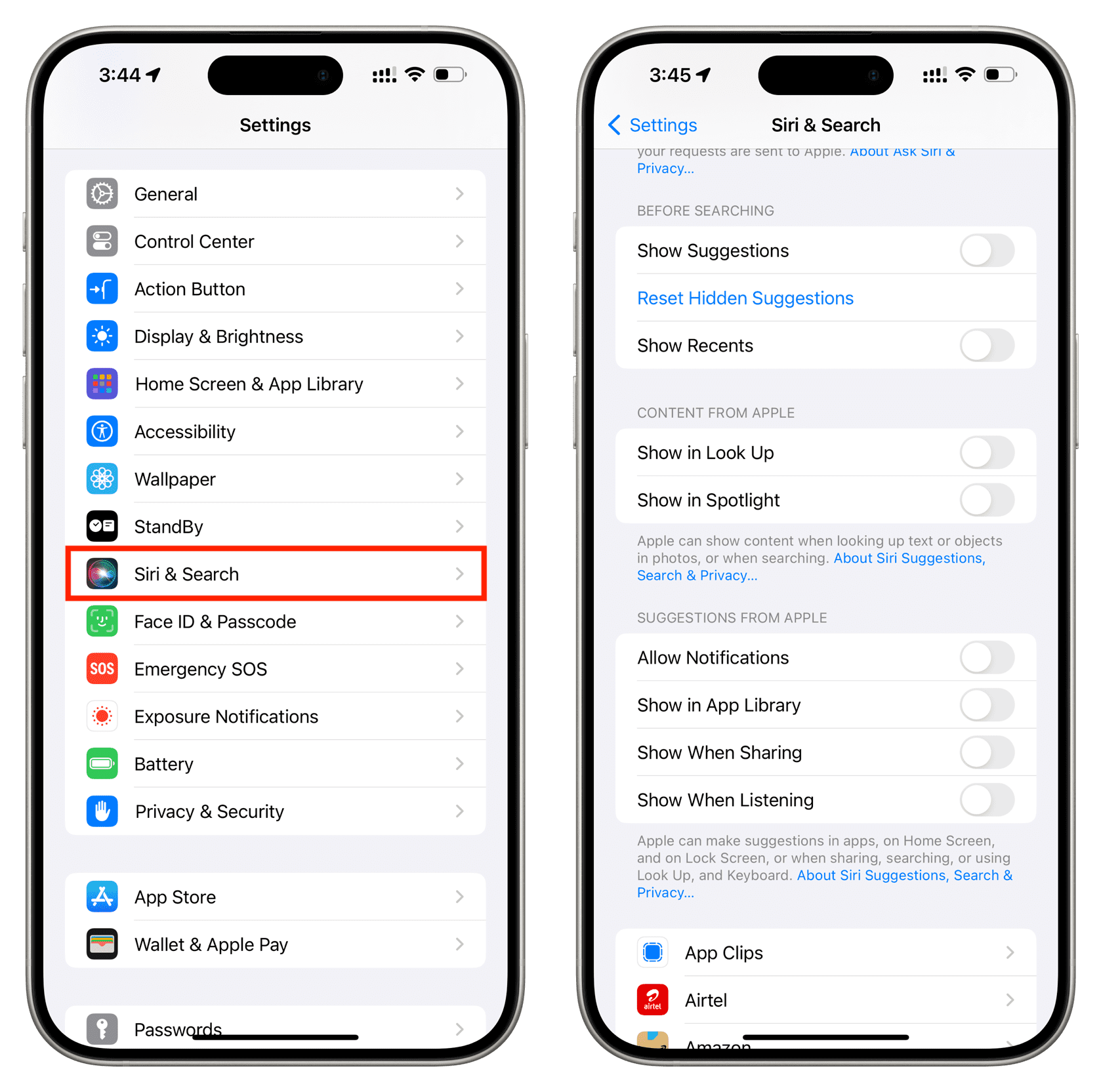 Turn off all Siri and Search suggestions on iPhone