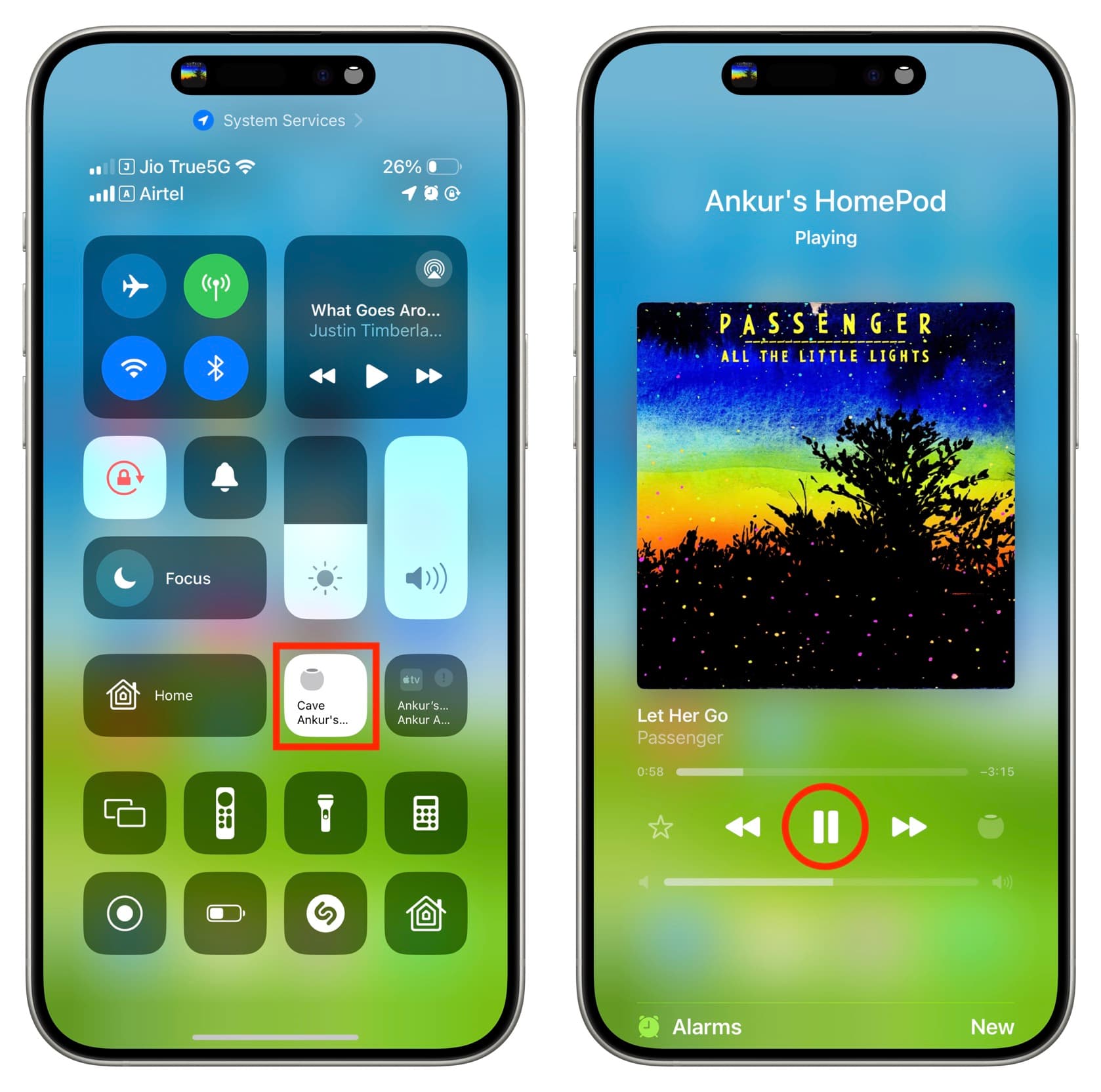 Use Home Controls in iPhone Control Center to pause and resume music on HomePod