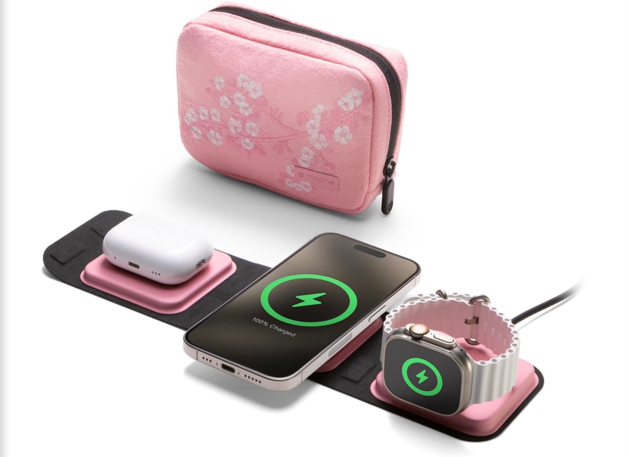 mophie limited edition Cherry Blossom colored 3-in-1 travel charger with MagSafe loaded up.