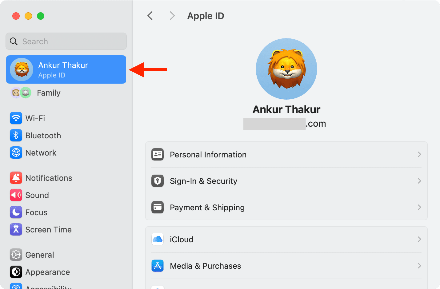 Apple ID screen in Mac System Settings