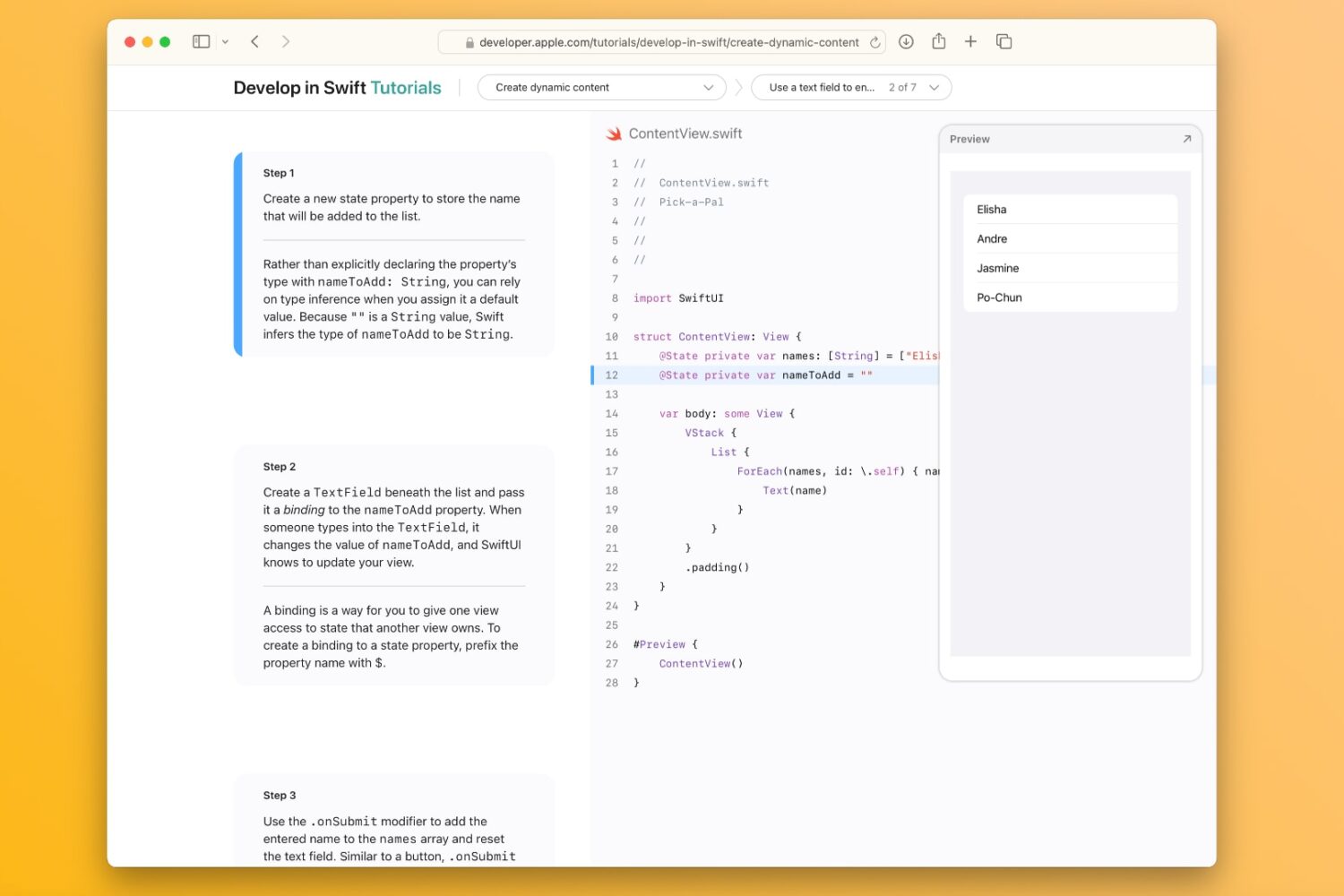 Safari screenshot of Apple's Develop in Swift Tutorials page with some code examples